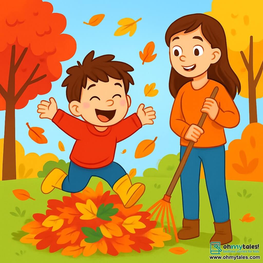 A 6-year-old boy named Jack, with messy brown hair and sparkling eyes full of joy, jumps into a large pile of colorful leaves. He wears a bright red sweater and yellow rubber boots, and his face is lit up with a wide smile of excitement. Next to him, his mom, a woman in her 30s with long brown hair and a warm smile, holds a rake and looks at Jack with affection. The setting is an autumn garden filled with trees with vibrant red, orange, and yellow leaves, against a clear blue sky. Leaves swirl around Jack as he leaps into the pile, creating a joyful and dynamic scene. The main focus captures the enchantment of autumn, with Jack enjoying playing in the leaves, surrounded by the colorful beauty of the season.