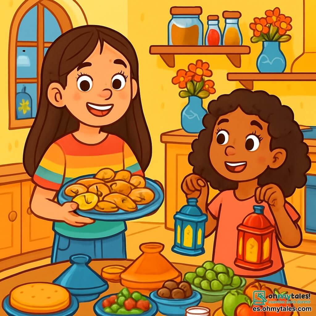 Una niña de 12 años, Lucía, con largos cabellos castaños y ojos llenos de curiosidad, está de pie en una cocina acogedora, con una sonrisa radiante en su rostro. Lleva una camiseta colorida y pantalones de mezclilla, sosteniendo un gran plato de deliciosos pasteles marroquíes. A su lado, Amina, una niña de 11 años con cabello rizado y piel caramelo, la observa con entusiasmo, con los brazos llenos de linternas decorativas. La cocina está llena de colores vivos, con paredes pintadas de amarillo claro, estanterías de madera adornadas con tarros de especias y flores frescas. Una gran mesa de madera está en el centro, cubierta de platos tradicionales, frutas y bebidas gaseosas. La escena representa un momento alegre donde Lucía y Amina preparan juntas un iftar, compartiendo risas e historias, rodeadas de un ambiente festivo y cálido, iluminado por la suave luz de las linternas.