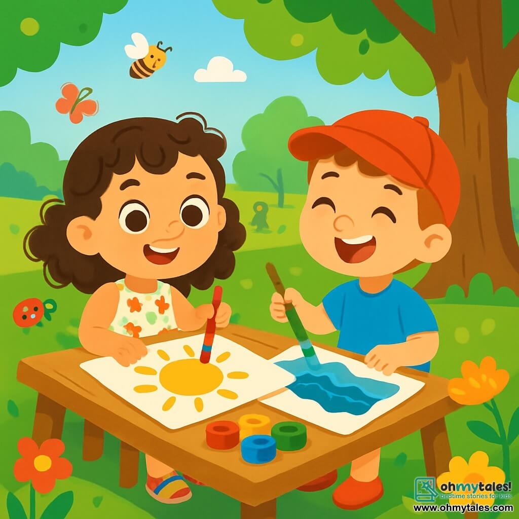 A 4-year-old girl with sparkling brown eyes and curly hair joyfully smiles while painting a large yellow sun on a piece of paper. She wears a light floral dress and colorful sandals. Next to her, a 4-year-old boy named Max, wearing a red hat and a blue t-shirt, laughs while painting a blue ocean. They are sitting at a wooden table under a large tree, surrounded by bright flowers and small flying insects. The scene takes place in a sunny park filled with greenery, with children's laughter in the background. The two friends share a moment of creativity and happiness, immersed in their colorful painting.