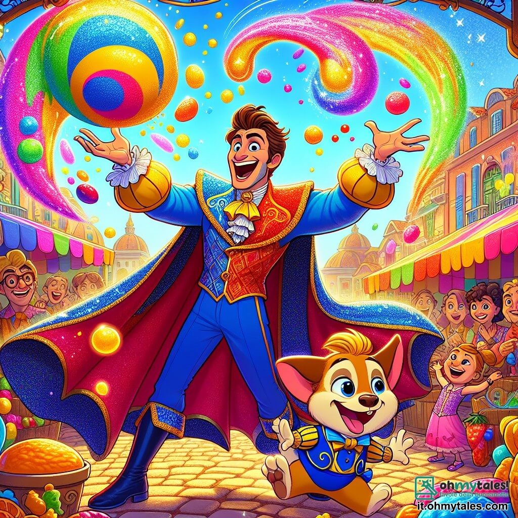 Un uomo, Super Giulio, si trova al centro della scena con un grande sorriso entusiasta. Indossa un costume blu e rosso, decorato con una grande "G" dorata sul petto, e un mantello che fluttua nel vento. I suoi capelli castani sono in disordine, aggiungendo un tocco comico. Sta trasformando una grande crema pasticcera in gelatina colorata, circondato da scintillii di luce. Accanto a lui, Fuffi, un piccolo cane a pelo dorato, salta gioiosamente, con le orecchie grandi che battono come ali, circondato da bolle di sapone colorate. Sullo sfondo, la scena si svolge in una piazza animata con bancarelle colorate e frutti vivaci, mentre la gente guarda con espressioni di sorpresa e gioia. I bambini ridono e corrono, cercando di catturare le bolle di Fuffi. Super Giulio combatte il caos trasformando la crema in gelatina, mentre Fuffi crea bolle per intrattenere la folla meravigliata.