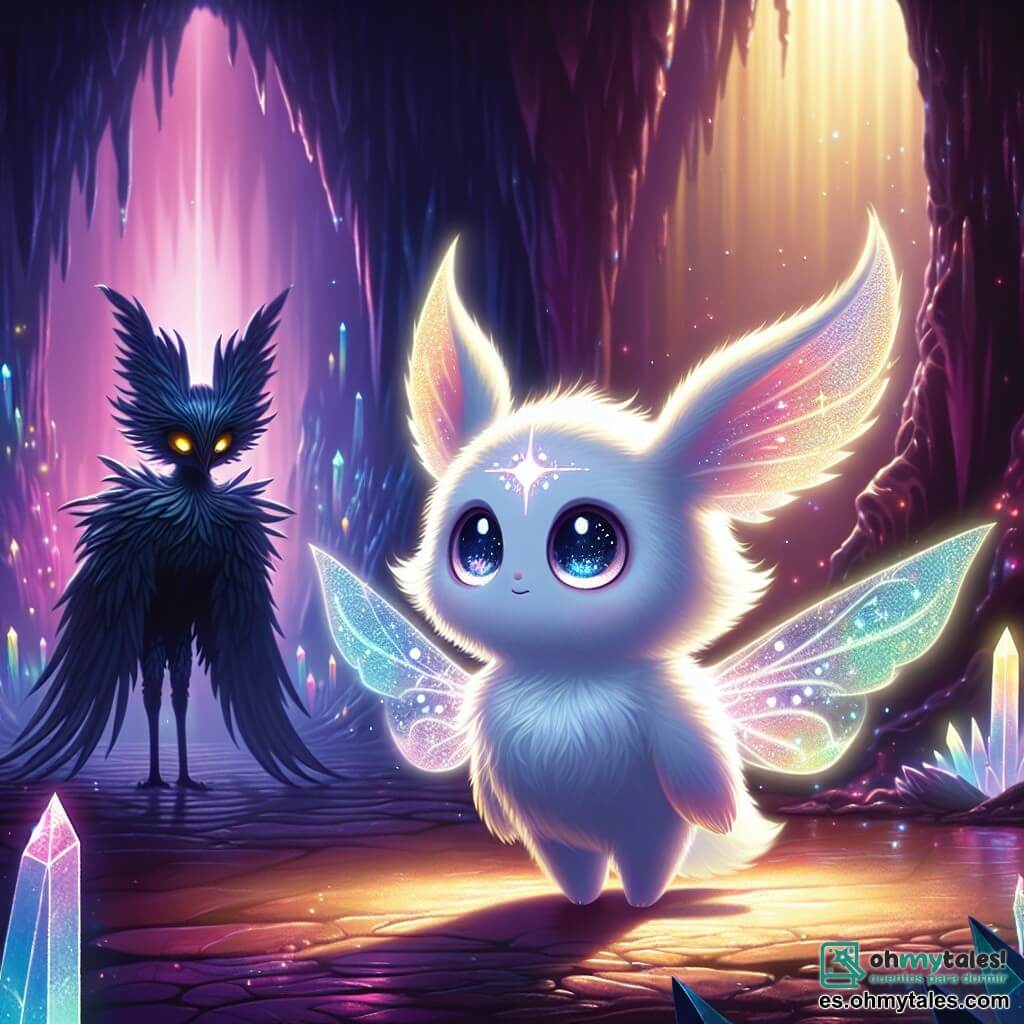 Lúmina, una pequeña criatura mágica con un cuerpo esponjoso que brilla como las estrellas, se encuentra en el centro de una caverna oscura, con sus grandes ojos luminosos llenos de asombro y determinación. Sus alas delicadas, de colores pastel, se abren ligeramente, iluminando la oscuridad circundante. A su lado, Nocturna, un gran pájaro negro con plumas brillantes y ojos como diamantes, la observa con sabiduría y aliento, listo para guiarla. En la sombra, una silueta oscura y amenazante, que representa el miedo, se perfila, con contornos difusos y ojos penetrantes, pareciendo querer apoderarse de la luz. La caverna está adornada con cristales brillantes que proyectan reflejos coloridos en las paredes, mientras una luz dorada emana de un cristal central, atrayendo todas las miradas. La atmósfera es a la vez misteriosa y mágica, con sombras danzantes que añaden un toque de temor. La situación principal muestra a Lúmina cantando con valentía, su voz resonando en la caverna, mientras intenta liberar el cristal luminoso de las garras de la silueta oscura, simbolizando la lucha entre la luz y la oscuridad.