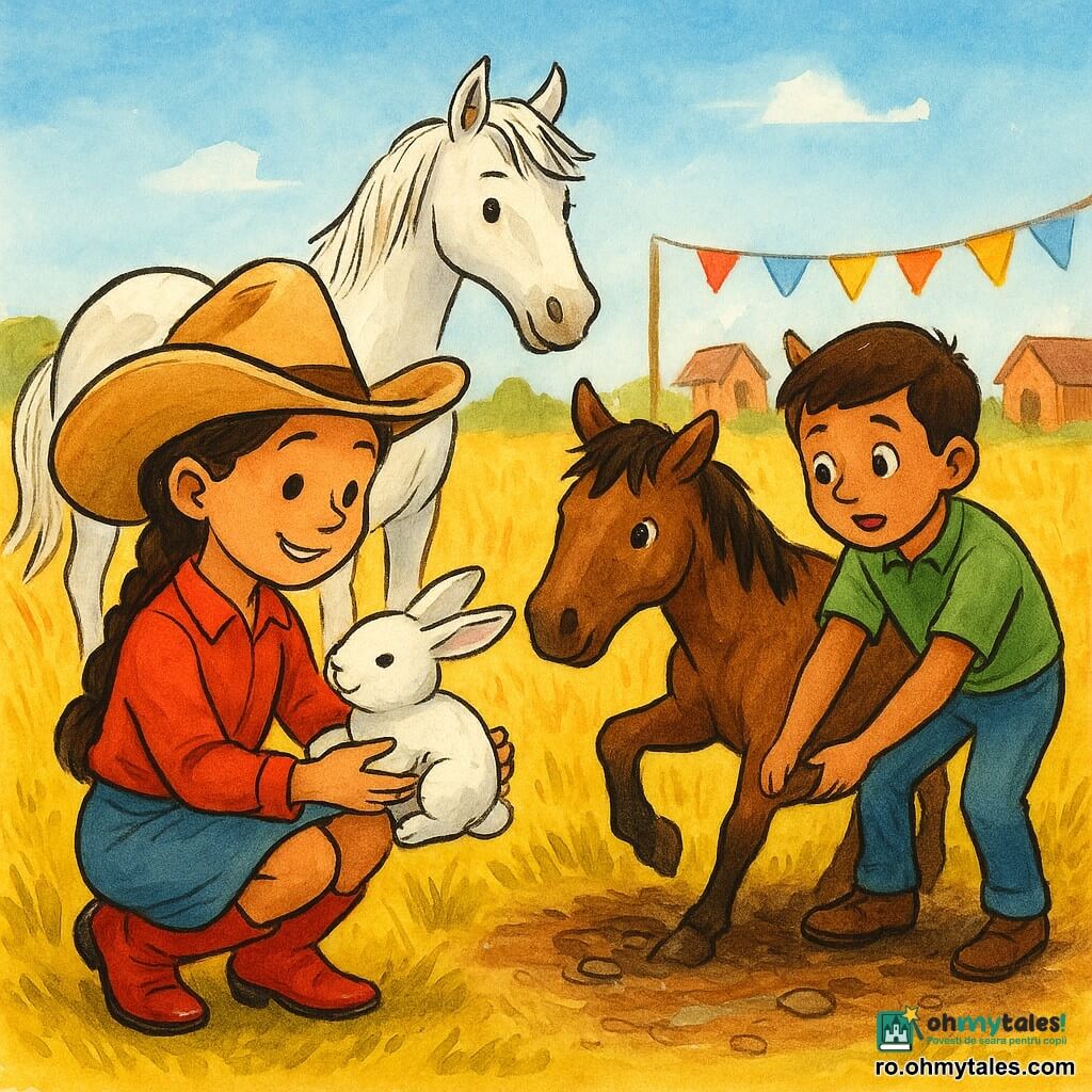 Mara, o tânără cowgirl curajoasă și zâmbitoare cu păr șaten împletit, joben bej mare și cizme roșii strălucitoare, genuflexă și mângâie un iepuraș alb mic liniștit; lângă ea un băiat de ~10 ani cu cămașă verde și păr scurt chihlimbar ajută la eliberarea copitei unui cal brun blocat într-o groapă mică; în spate, Luna, o iapă albă cu coamă mătăsoasă, cu urechile ridicate, gata să pornească; scena are loc pe o câmpie cu grâu galben sub cer senin, cu drum de pământ, câteva pietre, steaguri colorate și case de lemn difuze la orizont, atmosfera fiind caldă și solidară, cu gesturi blânde, zâmbete și contururi bine definite.