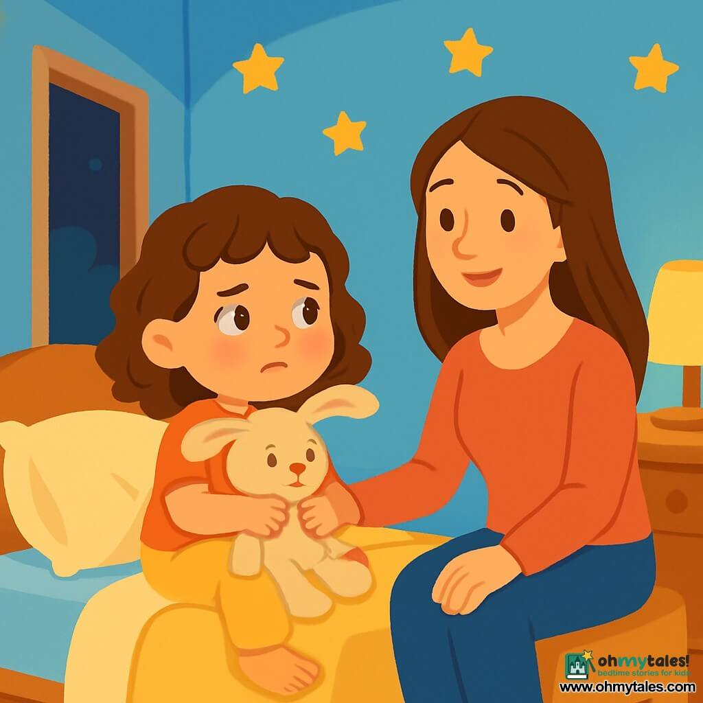 A 4-year-old girl with curly brown hair and sparkling eyes is sitting on her bed. She looks worried but determined, holding her stuffed bunny with big ears. Next to her, her mother, a gentle woman in her thirties with long brown hair, smiles tenderly while sitting on the edge of the bed. The room is warm, with pastel blue walls, golden stars stuck to the ceiling, and a small lamp emitting a soft, reassuring light. The little girl is looking toward the slightly open door, where darkness mixes with the night light, preparing to face her fear.