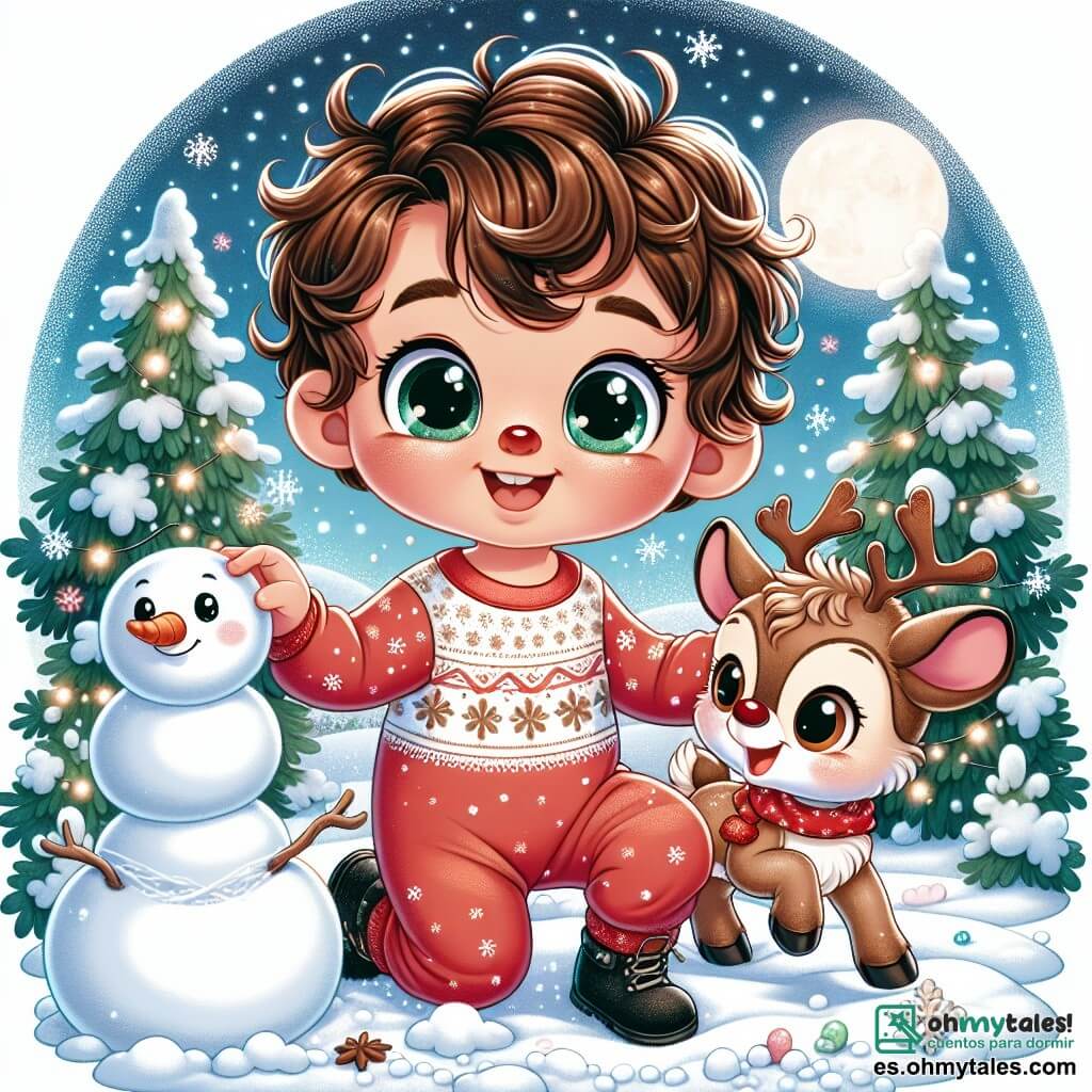 Un niño pequeño de 1 año, con grandes ojos brillantes y cabello rizado castaño, sonríe alegremente mientras juega en la nieve. Lleva un traje rojo con motivos de copos de nieve y botas negras. A su lado, un pequeño reno llamado Reni, con pelaje marrón y nariz roja, salta alegremente, con sus grandes orejas enhiestas, listo para jugar. La escena transcurre en un paisaje invernal encantador, con copos de nieve cayendo suavemente, pinos verdes adornados con guirnaldas luminosas y una luna llena iluminando el cielo estrellado. El niño y Reni construyen un muñeco de nieve, riendo y divirtiéndose juntos, creando recuerdos mágicos bajo las estrellas.