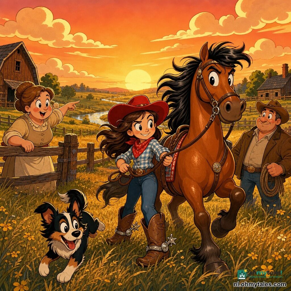 De hoofdpersoon is een jonge cowgirl van ongeveer 12–14 jaar met een vastberaden glimlach en ondeugende blik, in een rood cowgirlhoed, lichtblauw geruit hemd, felrood bandana en bruine leren laarzen met glimmende sporen; ze houdt de teugels van haar paard en slaat zacht op diens flank. Het paard Storm is een groot glanzend kastanjebruin paard met zwarte manen in de wind, alert en klaar om te galopperen, iets voor en rechts van de cowgirl. Bobbie is een klein tricolor reutje met puntige oren en speelse ogen, rondspringend bij de laarzen en kwispelend. Mevrouw Brown is een vriendelijke vrouw van ongeveer 40–50 jaar in een beige boerenjurk, links bij een houten omheining en wijzend naar een verdwenen kalfje. Meneer Smith is een man van circa 45–55 jaar met robuuste bouw en bruine boerenjas, iets achteraan, verlegen glimlachend, met een touw in de hand en respectvol kijkend naar de cowgirl. De scène speelt zich af in een uitgestrekt goudgeel weiland bij zonsondergang met wuivend hoog gras, gele bloempjes, een glinsterend beekje op de achtergrond en twee houten boerderijen gescheiden door een omheining met een gerepareerd gat. Situatie: de cowgirl stelt een nerveus kalfje aan de rand van het beekje gerust; warme, vredige sfeer, dynamische compositie met centraal samengevoegde personages, verzadigde kleuren, zachte contrasten, ronde expressieve vormen en een oranje hemel met gestileerde wolken.