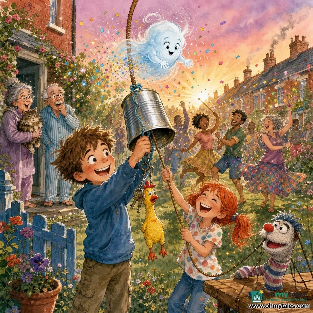 A mischievous 10-year-old boy with tousled hair and rosy cheeks grins holding a homemade bell — a silver can with dangling keys and a yellow rubber chicken on a blue string — while a girl of about 10, Felicity, with red pigtails and a polka-dot tee laughs and pulls the rope; above the bell a translucent cloud-like spirit called Whiff scatters sparkling confetti, a sock-puppet named Sir Fluffykins perches on a wooden table edge watching, two elderly neighbors (a gray-haired woman holding a cat and a man in striped pajamas) stand amused on their doorstep, and the suburban garden at dawn (mown lawn, colorful flowers, blue wooden gate, red brick houses and a pink-orange sky) erupts into an exuberant, slightly chaotic dance as the bell honks, cries and jingles.