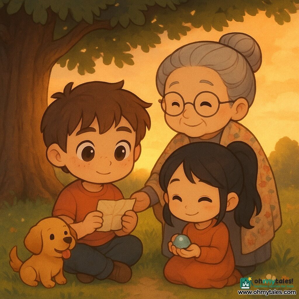 A peaceful sunset scene under an old oak: a 10-year-old boy with a round freckled face and messy brown hair sits on the ground holding a crumpled small card; beside him slightly to the right sits Zara, about 10, with black pigtails, a relieved shy smile, holding a shiny stone; behind them stands their grandmother, about 70, gray hair in a bun, round glasses and a warm smile, hand on the boy’s shoulder and wearing a floral shawl; a small golden dog named Bobo sits at the boy’s feet, tail wagging; they are gathered in a circle around the trunk, each holding a precious object (toy mouse, miniature bird feeder, lucky stone, the card), soft grass and wildflowers underfoot, an orange sunset filtering through dark green leaves, warm pastel tones and long golden shadows creating a tender, serene atmosphere.