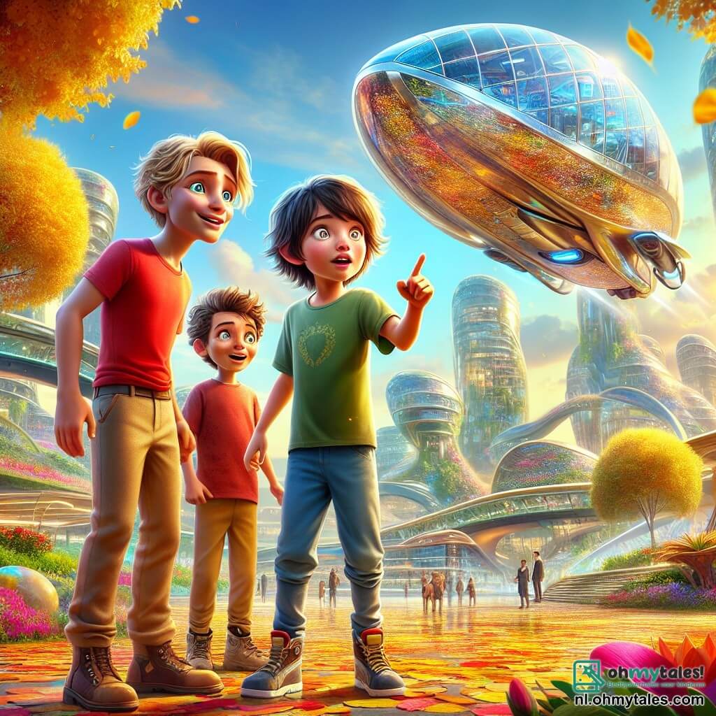 In een futuristisch park in Lichtenstad staan drie jongens samen, vol opwinding. Finn, een zesjarig jongetje met tousled blond haar en sprankelende ogen, draagt een rood t-shirt en een blauwe short. Hij kijkt met verwondering naar de grote, glanzende luchtboot. Naast hem staat Sam, ook zes jaar, met bruin haar en ronde bril die hem slim doet lijken. Hij draagt een groene shirt en beige broek, en wijst naar de fascinerende machine. Tot slot is er Joris, de derde jongen, met zwart haar en een ondeugende glimlach. Hij draagt een gele t-shirt en jeans, en maakt een verraste gebaar met zijn armen omhoog.

Het park is gevuld met felle kleuren, met bomen met glinsterende bladeren en heldere bloemen die in de wind lijken te dansen. Op de achtergrond rijzen futuristische gebouwen met vreemde vormen de lucht in, hun glazen gevels reflecteren de zon. De luchtboot, een vliegende auto met felle kleuren, staat in het midden van het park, omringd door wetenschappers in glanzende kostuums die druk in de weer zijn.

De drie vrienden staan op het punt om in de luchtboot te stappen voor een grote reis in de lucht, klaar om een ongelooflijk avontuur te beleven in hun futuristische stad.