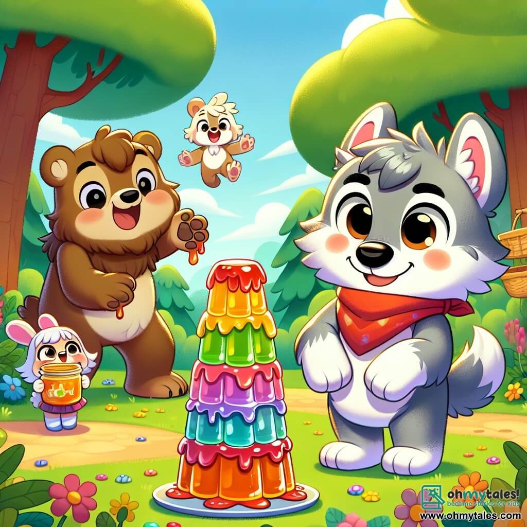 An illustration depicts a small wolf, a cheerful boy with gray fur and sparkling eyes, proudly smiling as he presents a tall, wobbly tower of colorful jelly in front of him. He wears a small red scarf around his neck, and his paws are slightly splattered with jelly, showing his excitement. Next to him, a bear, a sturdy boy with brown fur and gentle eyes, admires the tower with a wide smile, holding a jar of honey in his paws, ready to support his friend. A little further away, a small rabbit girl with long ears and white fur jumps for joy, her eyes shining with excitement as she enthusiastically claps for the wolf. The main setting is a sunny clearing surrounded by majestic trees with vibrant green leaves, adorned with colorful flowers swaying in the breeze. A large oak stands at the center, decorated with a sign announcing the jelly contest. The main scene shows the wolf, proud of his creation, surrounded by his friends, all gathered to celebrate the jelly contest, where friendship and creativity shine as brightly as the colors of the jelly. Other graphic elements include pots of jelly in various colors, flower garlands hanging between the trees, and laughter and joy floating in the air, creating a festive and warm atmosphere.