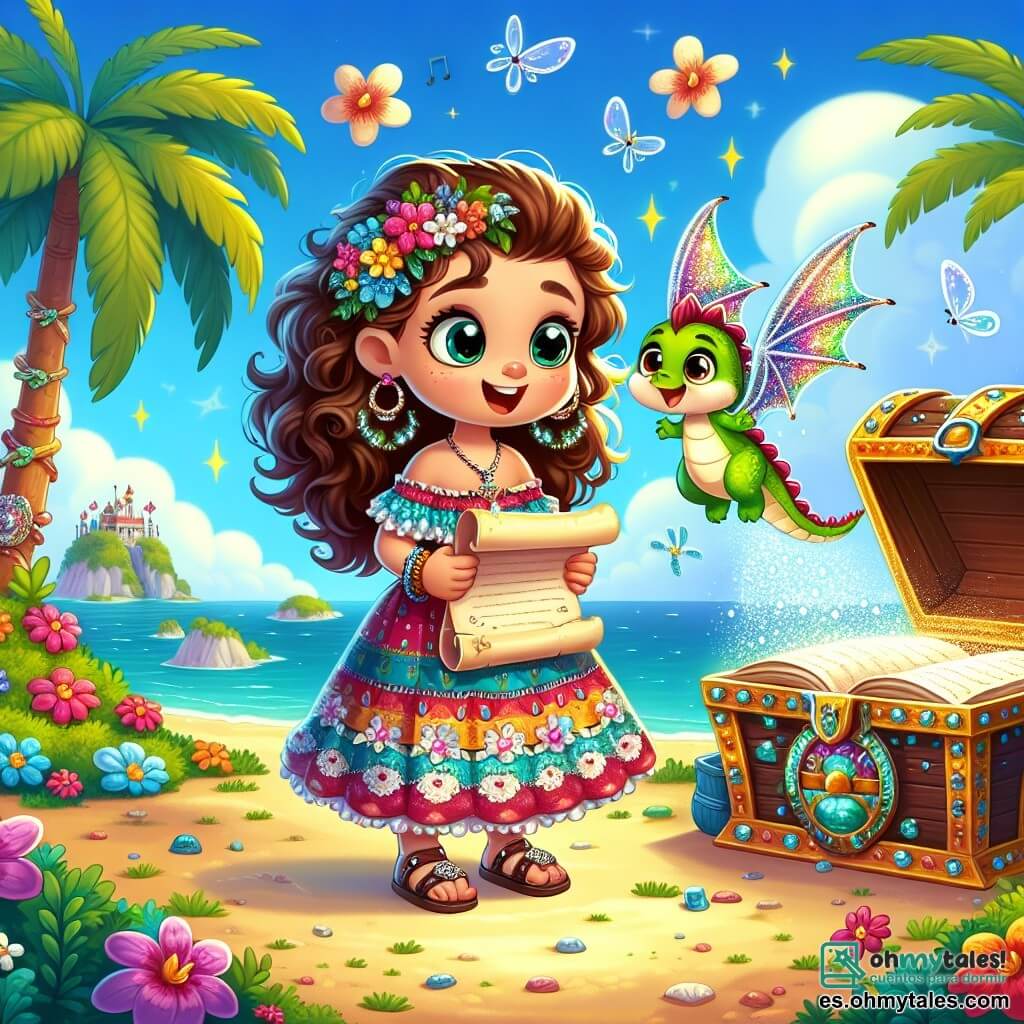 Una niña de 6 años, llamada Sofía, está en el centro de la escena con una gran sonrisa de asombro en su rostro. Tiene el cabello rizado, color castaño, y lleva un vestido colorido adornado con flores y sandalias brillantes. Sostiene un viejo pergamino en sus manos, mirando a su alrededor con emoción. A su lado, un pequeño dragón verde llamado Chispa, del tamaño de un gato, flota en el aire con alas translúcidas y brillantes. Tiene ojos chispeantes y una sonrisa amigable, y parece listo para ayudarla en su aventura. El decorado es una isla mágica, con palmeras de hojas exuberantes, flores coloridas que cantan suavemente, y un cielo azul brillante salpicado de nubes blancas y esponjosas. En el centro de la isla, un gran cofre del tesoro, decorado con joyas brillantes, está abierto, revelando un libro gigante en su interior. La situación principal muestra a Sofía y Chispa descubriendo el libro en el cofre, rodeados de flores cantantes, mientras celebran su descubrimiento con gestos de alegría y asombro.