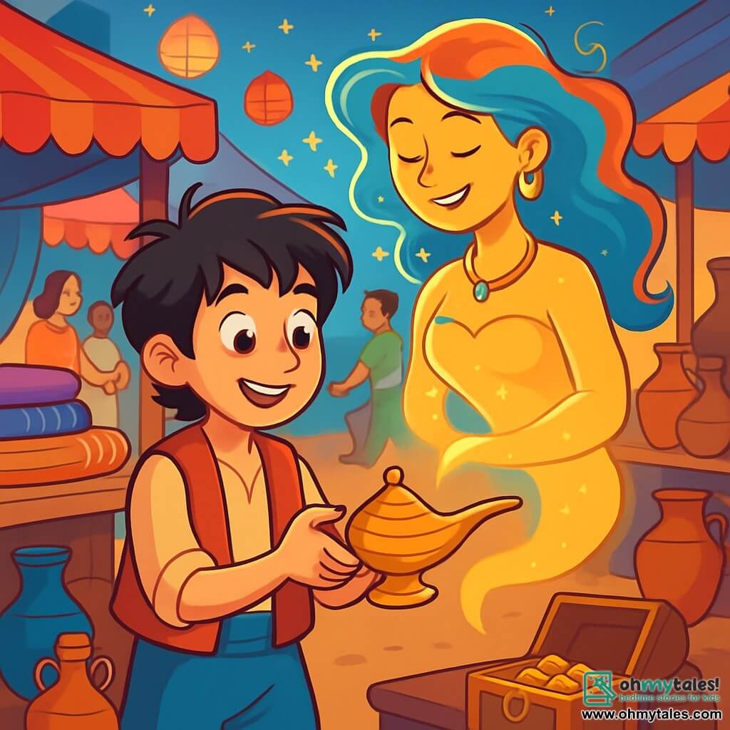 Aladdin, a 12-year-old boy, has messy black hair and sparkling curious eyes. He wears blue canvas pants and a red vest, with a wondrous smile on his face as he rubs an old metal lamp. Beside him, a luminous Genie floats in the air, with golden skin and brightly colored wavy hair, smiling kindly and surrounded by sparkling sparks. The flea market, filled with forgotten treasures, is lively with colorful stalls, shimmering fabrics, and antique objects. People pass by, chatting joyfully, while paper lanterns illuminate the place with a soft light. In this scene, Aladdin discovers the magic of the lamp, ready to make his first wish, his heart racing with excitement and hope.