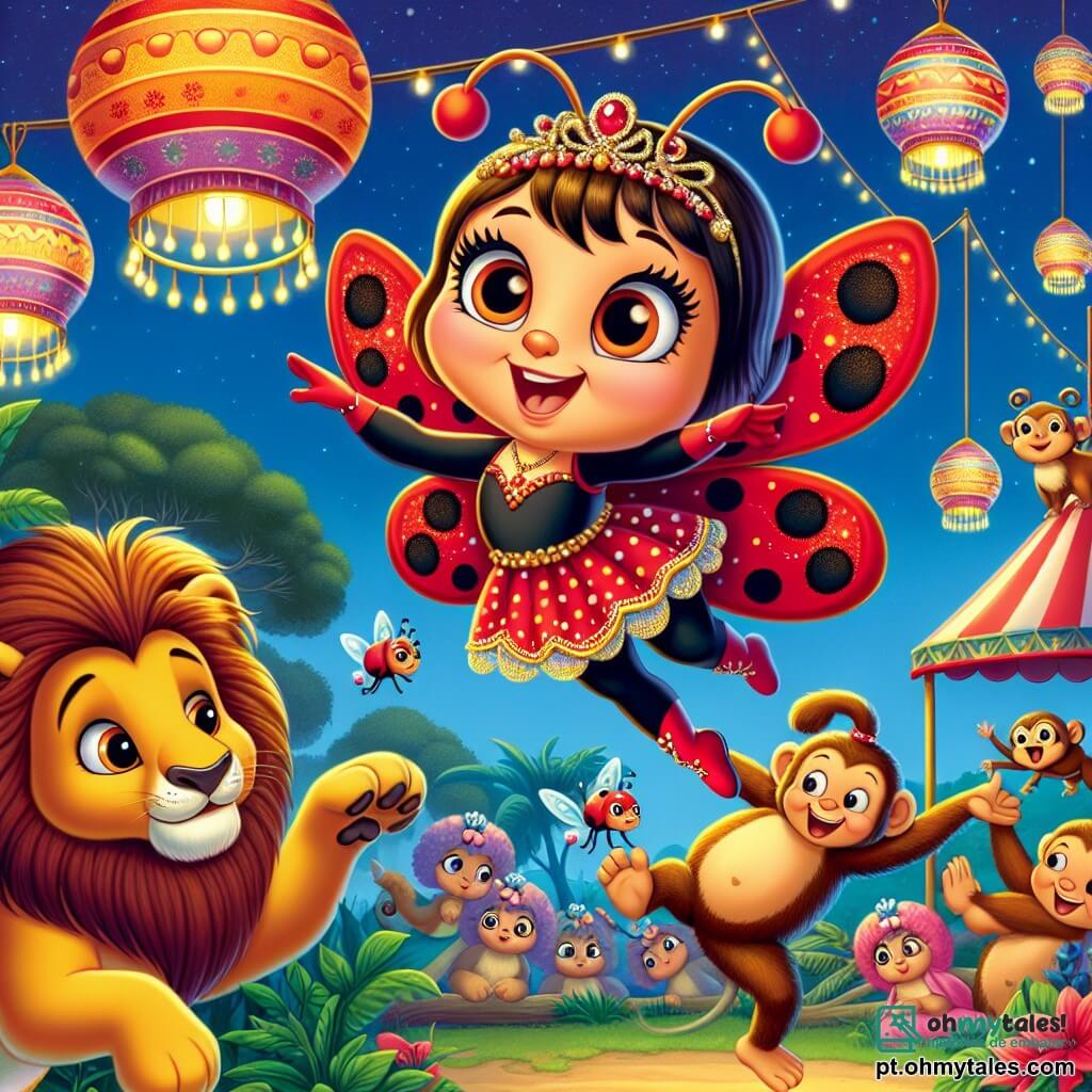 Uma joaninha alegre chamada Lila, com asas vermelhas brilhantes salpicadas de pequenas manchas pretas, voa no ar com um grande sorriso, seus olhos brilhando de curiosidade. Ela faz uma pirueta graciosa sobre uma cena animada. Perto dela, um leão chamado Leo, com uma juba dourada e um olhar divertido, tenta realizar um truque de mágica, equilibrando-se nas patas traseiras, com um chapéu de mágico na cabeça. Um macaco travesso chamado Tico, com pelagem marrom e olhos travessos, faz acrobacias em um galho, rindo alto. O cenário é um zoológico colorido, iluminado por lanternas feitas de folhas e flores, com árvores majestosas e animais curiosos que observam a cena. A situação principal mostra Lila, cheia de energia, dançando e voando ao redor de Leo e Tico, criando uma atmosfera de festa e camaradagem, enquanto todos os animais se divertem juntos sob a luz da lua.