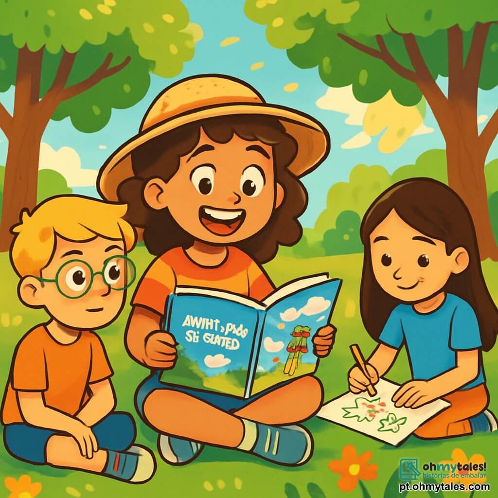 Uma menina de 12 anos, Beatriz, com cabelos castanhos e cacheados, usa um chapéu de palha e uma camiseta colorida. Ela sorri alegremente e tem olhos brilhantes de excitação. Está sentada na grama verde, rodeada de amigos, lendo um livro ilustrado sobre aventuras de verão. Ao seu lado, Tiago, um garoto de 12 anos com cabelos loiros e óculos, observa atentamente as imagens, com uma expressão curiosa. Mais adiante, Rita, uma menina de 11 anos com cabelos longos e lisos, desenha flores em uma folha de papel, concentrada e feliz. O local é um parque ensolarado, cheio de árvores majestosas com folhas verdes vibrantes e flores coloridas que dançam ao vento. Raios de sol filtram-se pelas ramas, criando sombras suaves no chão. A cena principal mostra Beatriz e seus amigos compartilhando risadas e histórias, imersos em um momento de pura felicidade, cercados pela beleza da natureza e pelo espírito de aventura do verão.