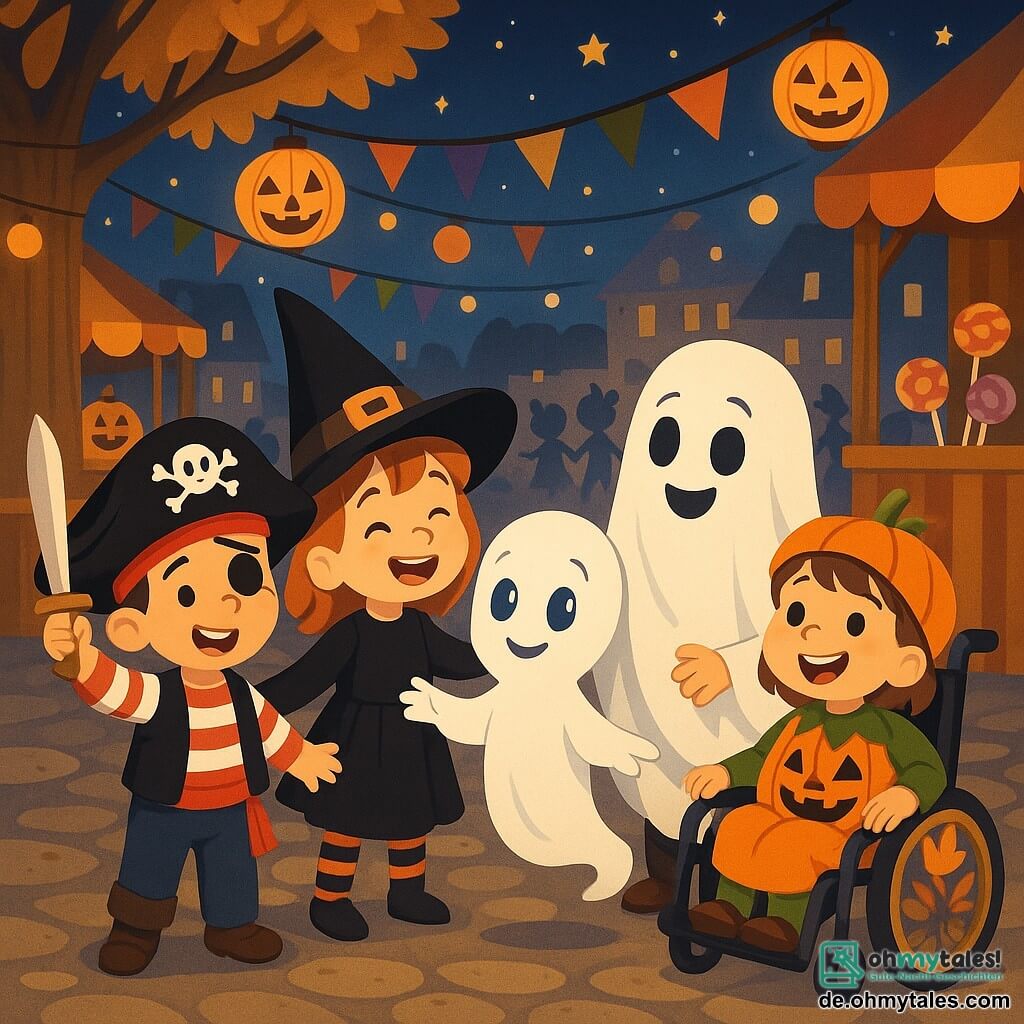 Vier Kinder, zwei Jungen und zwei Mädchen, stehen zusammen auf einem belebten Platz für Halloween. Max, ein 7-jähriger Junge, trägt ein Piratenkostüm mit einem schwarzen Hut und einem Plastikschwert und lächelt begeistert. Mia, ein 6-jähriges Mädchen, ist als hübsche kleine Hexe verkleidet, mit einem schwarzen Kleid und einem spitzen Hut, und lacht fröhlich. Leo, ein 7-jähriger Junge, ist ein lustiger Geist, der in einem weißen Laken mit gezeichneten Augen gekleidet ist und leicht über dem Boden schwebt. Sophie, ein 6-jähriges Mädchen, ist ein fröhlicher kleiner Kürbis, der in ihrem Rollstuhl, der mit Herbstblättern dekoriert ist, sitzt und ein großes Lächeln auf ihrem Gesicht hat. Die Szene spielt auf einem festlichen Platz, beleuchtet von Kürbislaternen und bunten Girlanden. Spielstände und Süßigkeiten sind überall verteilt, und Kinder lachen und tanzen unter einem sternenklaren Himmel, mit einem großen Baum mit goldenen Blättern im Hintergrund. Die vier Freunde entdecken einen kleinen Geist namens Casper, der sich einsam und schüchtern fühlt. Gemeinsam laden sie ihn ein, sich ihren Spielen anzuschließen, und schaffen so eine schöne Freundschaft, während sie Halloween mit Freude und Lachen feiern.