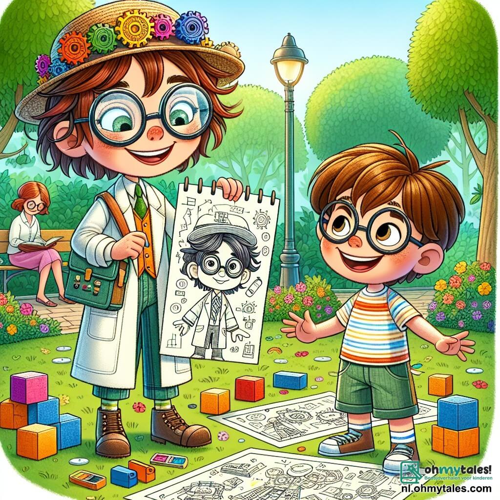 Een uitvinder, Emma, staat in het midden van de afbeelding met een grote glimlach op haar gezicht. Ze draagt een kleurrijke laboratoriumjas, ronde brillen en een excentrieke hoed versierd met kleine tandwielen. Haar haren zijn in de war, wat haar creatieve geest aantoont. Ze laat schetsen van haar uitvindingen zien aan een jonge jongen, Tom, die ongeveer 8 jaar oud is. Tom heeft rommelige bruin haar, nieuwsgierige ogen en draagt een gestreept t-shirt en een short. Hij leunt naar voren, geboeid door Emma's tekeningen. De achtergrond toont een zonnig park met groene bomen en kleurrijke bloemen. Op de achtergrond zit een moeder op een bank een boek te lezen, wat een rustige sfeer toevoegt aan de levendige scène. De hoofdactie laat Emma en Tom zien die samenwerken aan een uitvinding, omringd door kleurrijke blokken, terwijl ze lachen en ideeën uitwisselen, wat de magie van uitvinding en vriendschap illustreert.