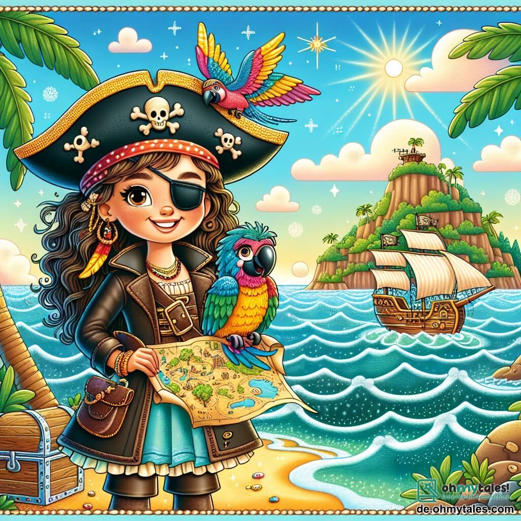 Clara, die mutige Kapitänin, ist eine junge Frau mit langen lockigen Haaren und einem strahlenden Lächeln. Sie trägt einen Piratenhut mit bunten Federn und eine Lederjacke, während sie aufgeregt eine Schatzkarte hält, ihre Augen sprühen vor Entschlossenheit. An ihrer Seite fliegt Polly, ein kleiner bunter Papagei, fröhlich um sie herum und bringt einen Hauch von Schalk in die Szene. Im Hintergrund glitzert das Meer unter der Sonne, mit sanften Wellen und einem blauen Himmel, der mit weißen Wolken gesprenkelt ist. Die alte Schatzinsel, bedeckt mit grünen Palmen und Felsen, erhebt sich majestätisch, mit einem großen Baum in der Mitte, unter dem eine Schatztruhe versteckt ist. Die Hauptsituation zeigt Clara und Polly, bereit, den vergrabenen Schatz zu entdecken, mit einem Ausdruck von Aufregung und Abenteuer auf ihren Gesichtern, während der Wind die Segel des Piratenschiffs im Hintergrund wehen lässt.