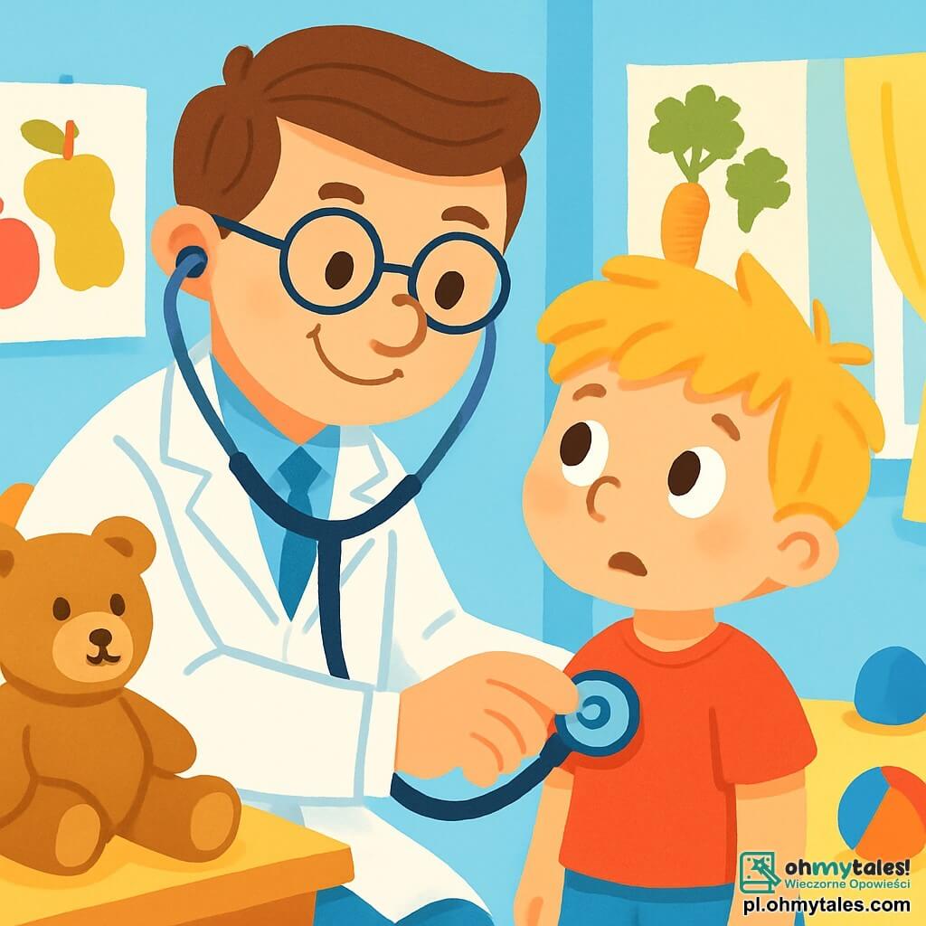 Mężczyzna, doktor Tomek, uśmiechnięty i życzliwy, nosi duży biały płaszcz i stetoskop na szyi. Ma brązowe włosy i okrągłe okulary. Uważnie słucha serca małego chłopca, który ma około 6 lat, z rozczochranymi blond włosami i czerwoną koszulką. Chłopiec, trochę zaniepokojony, ale ciekawy, patrzy na doktora wielkimi oczami. Scena rozgrywa się w jasnym gabinecie lekarskim, z błękitnymi ścianami, kolorowymi plakatami owoców i warzyw oraz zabawkami porozrzucanymi po podłodze. Na stole czeka pluszowy miś na swoją kolej. Doktor Tomek uspokaja małego chłopca, pokazując mu, jak działa stetoskop, tworząc chwilę zaufania i radości.