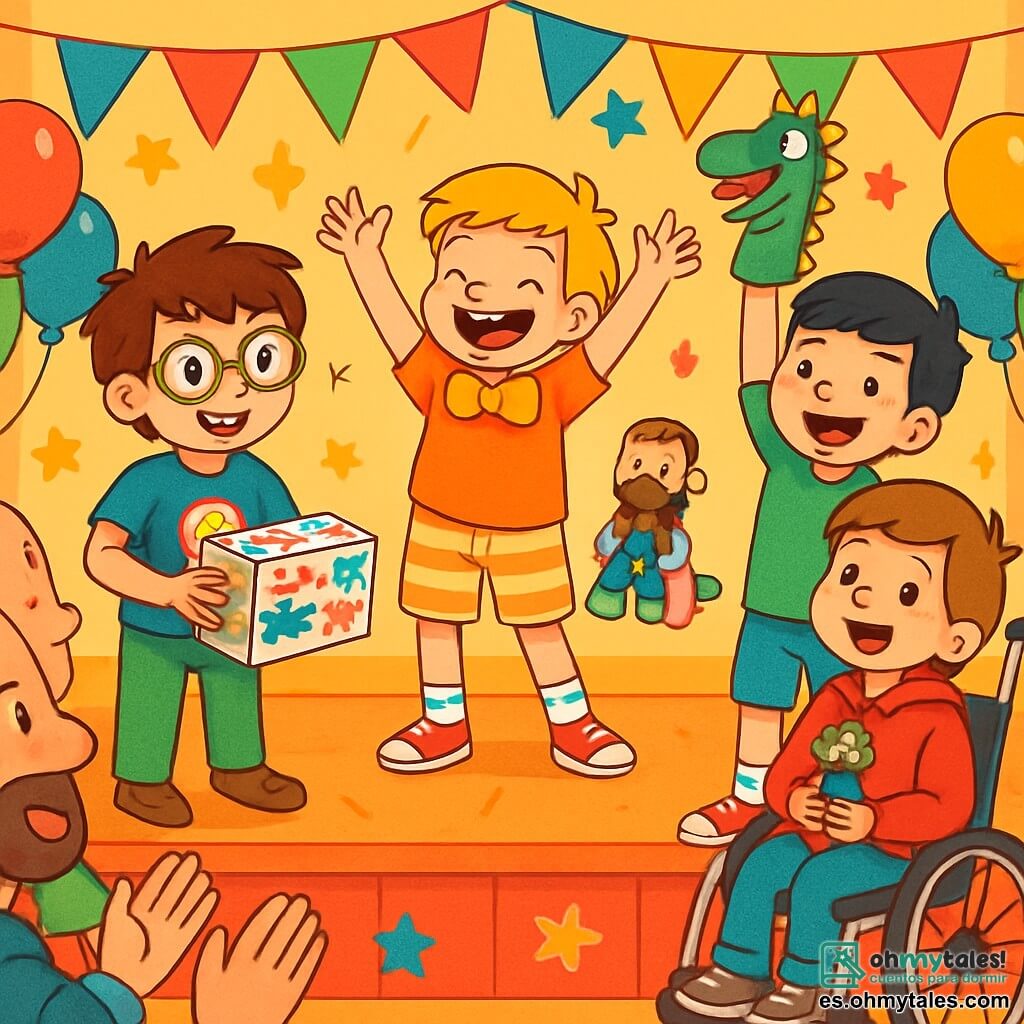Hay 4 niños: - Nicolás: un niño de 10 años, con cabello castaño desordenado y gafas redondas. Lleva una camiseta azul con un dibujo de superhéroe y sostiene una caja decorada con dibujos coloridos. - Diego: un niño de 10 años, con cabello rubio y una gran sonrisa. Lleva una pajarita brillante y pantalones cortos a rayas, y agita los brazos como si estuviera bailando. - Roberto: un niño de 10 años, con cabello negro y pecas. Lleva una camiseta verde y calcetines con patrones, y sostiene un calcetín-marioneta en forma de dragón sobre su cabeza. - Lucas: un niño de 10 años, en silla de ruedas, con cabello castaño y una cara sonriente. Lleva una sudadera roja y sostiene una figura de plastilina de su papá en sus manos. Los niños están en un escenario colorido, rodeados de globos multicolores y guirnaldas de papel. El fondo está decorado con dibujos de estrellas y corazones, y padres sentados en sillas aplauden con sonrisas alegres. La situación principal muestra a los niños presentando su regalo especial para el Día del Padre, un kit de superhéroes hecho a mano, con risas y alegría. Cada niño muestra orgullosamente su creación, mientras los papás los miran con admiración y diversión.