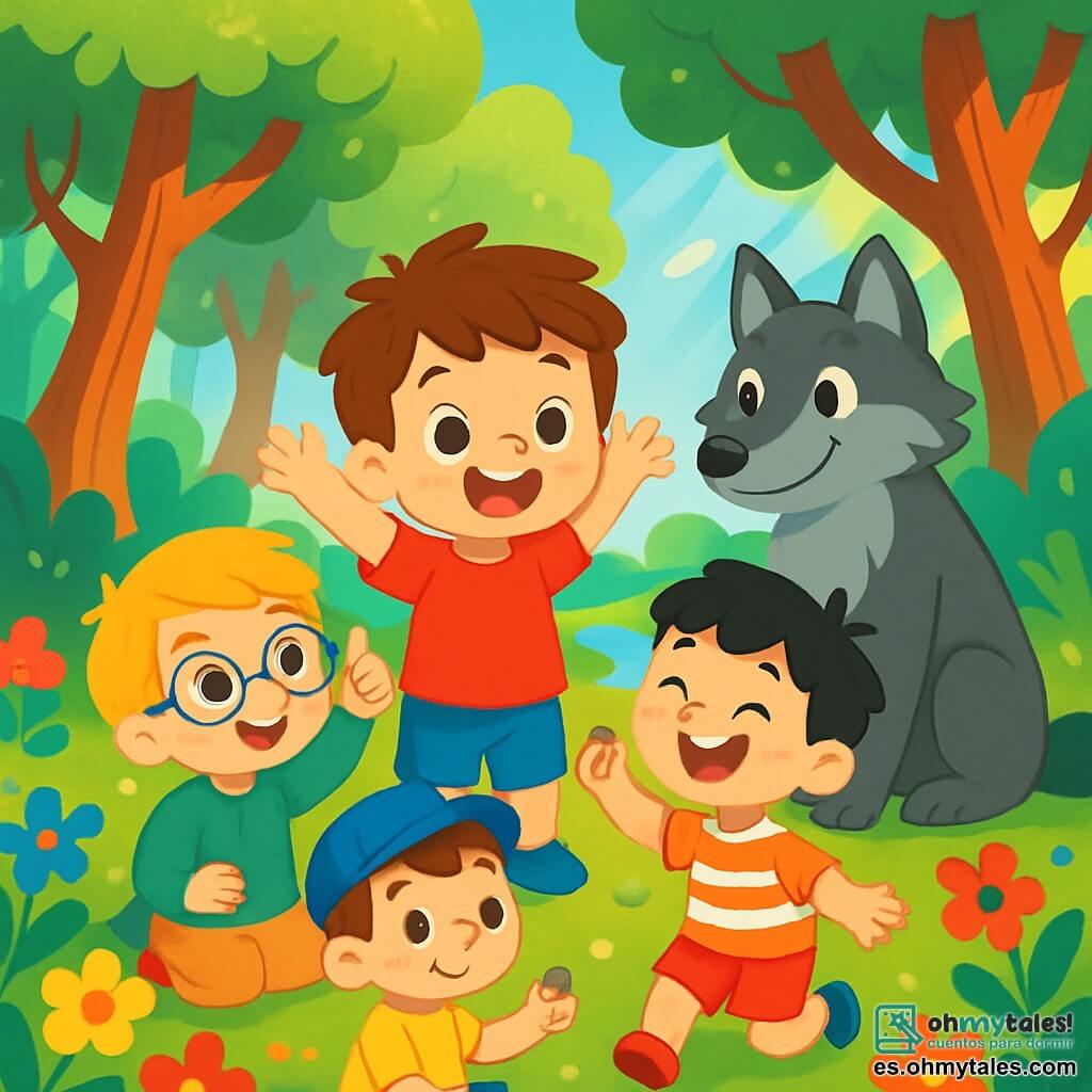 Hay 5 personajes: Lucas, un niño de 3 años con cabello castaño desordenado, lleva una camiseta roja y un pantalón corto azul; Mateo, un niño de 3 años con cabello rubio y gafas redondas, viste un suéter verde y pantalones beiges; Pablo, un niño de 3 años con cabello negro y pecas, lleva una camisa a rayas y un pantalón corto naranja; Simón, un niño de 3 años con cabello castaño y una gorra azul, está sentado en el suelo rodeado de flores coloridas, jugando con una pequeña piedra; y un lobo grande y gris con ojos verdes brillantes, que observa a los niños con curiosidad. El escenario es un hermoso bosque mágico, lleno de árboles altos y hojas brillantes, con flores multicolores en el suelo y un arroyo que brilla bajo el sol. Los niños juegan juntos con el lobo, riendo y compartiendo bayas, formando un círculo con los brazos levantados en señal de alegría, mientras el lobo sonríe cálidamente.