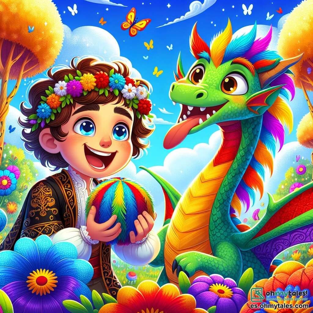 Un príncipe llamado Emilio, de aproximadamente 10 años, con cabello rizado castaño y ojos llenos de curiosidad, sonríe alegremente mientras sostiene un sombrero colorido en sus manos. A su lado, un dragón llamado Plumin, con plumas multicolores brillantes, agita sus alas con entusiasmo, mostrando una gran sonrisa amistosa. El escenario se encuentra en un bosque encantado, donde árboles con troncos dorados y hojas brillantes crean una atmósfera mágica. Flores gigantes de colores vivos rodean a los personajes, y mariposas danzan a su alrededor. La situación principal muestra a Emilio y Plumin celebrando la recuperación del sombrero perdido del dragón, riendo juntos bajo un cielo azul salpicado de nubes esponjosas.