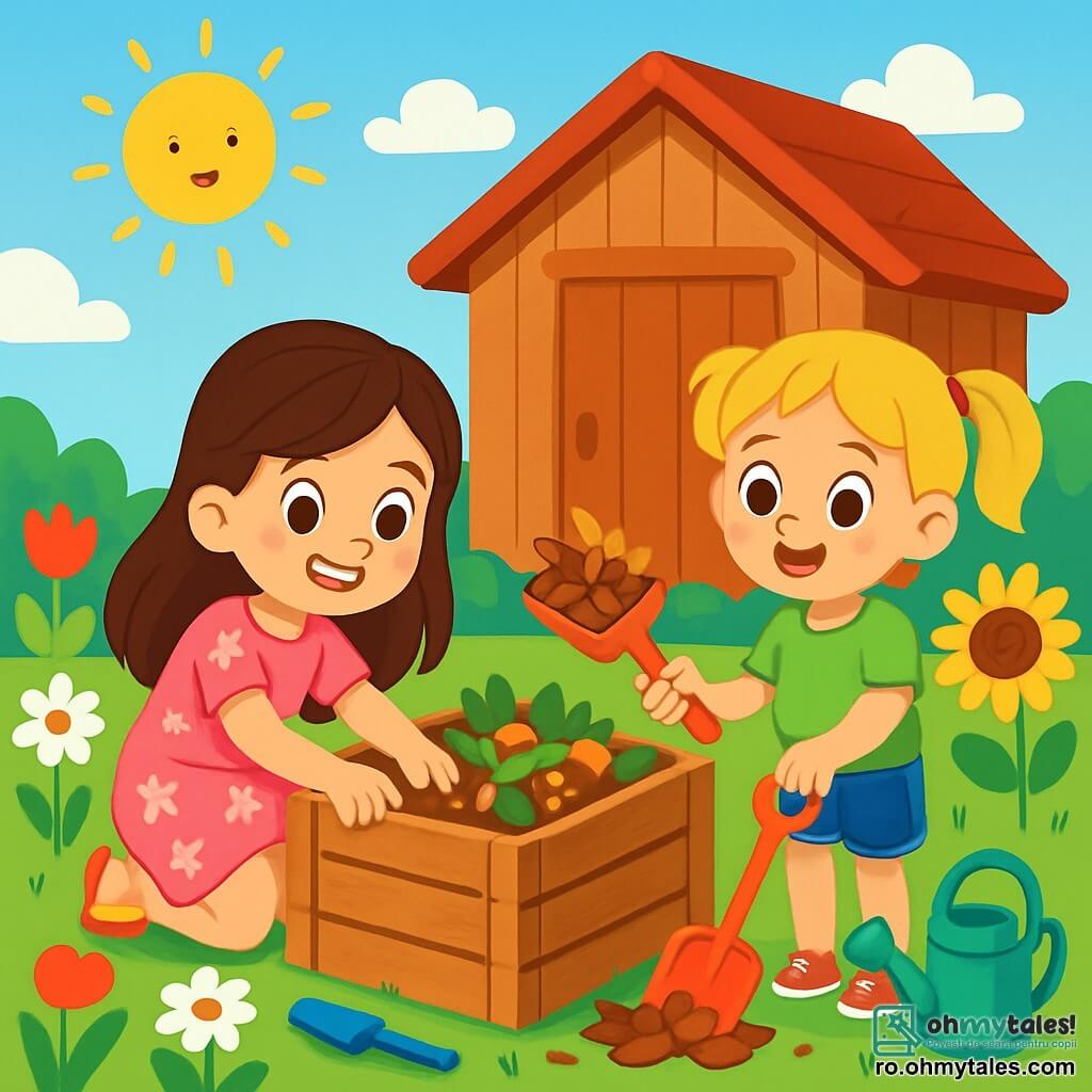 Există două personaje principale: - Lara: o fetiță de 7 ani, cu păr lung și brunet și ochi strălucitori. Ea poartă o rochie roz cu flori și sandale galbene. Este așezată în genunchi, zâmbind, amestecând resturi de plante într-un compostor din lemn. - Andreea: o fetiță de 7 ani, cu păr blond și două codițe. Ea poartă un tricou verde și o pereche de pantaloni scurți din denim. Se află în picioare lângă Lara, ținând o lopată din plastic colorată, pregătită să adauge frunze uscate la compost. Acțiunea se desfășoară într-o grajd de grădină plin de flori strălucitoare, precum lalele roșii, margarete albe și floarea-soarelui galbene. Cerul este albastru cu câțiva nori albi pufoși, iar soarele strălucește, iluminând scena cu o lumină caldă. Situația principală arată cum Lara și Andreea creează compost, înconjurate de resturi de plante și frunze. Ele sunt vesele și entuziaste, pregătite să ajute natura, cu unelte de grădinărit colorate în jurul lor.