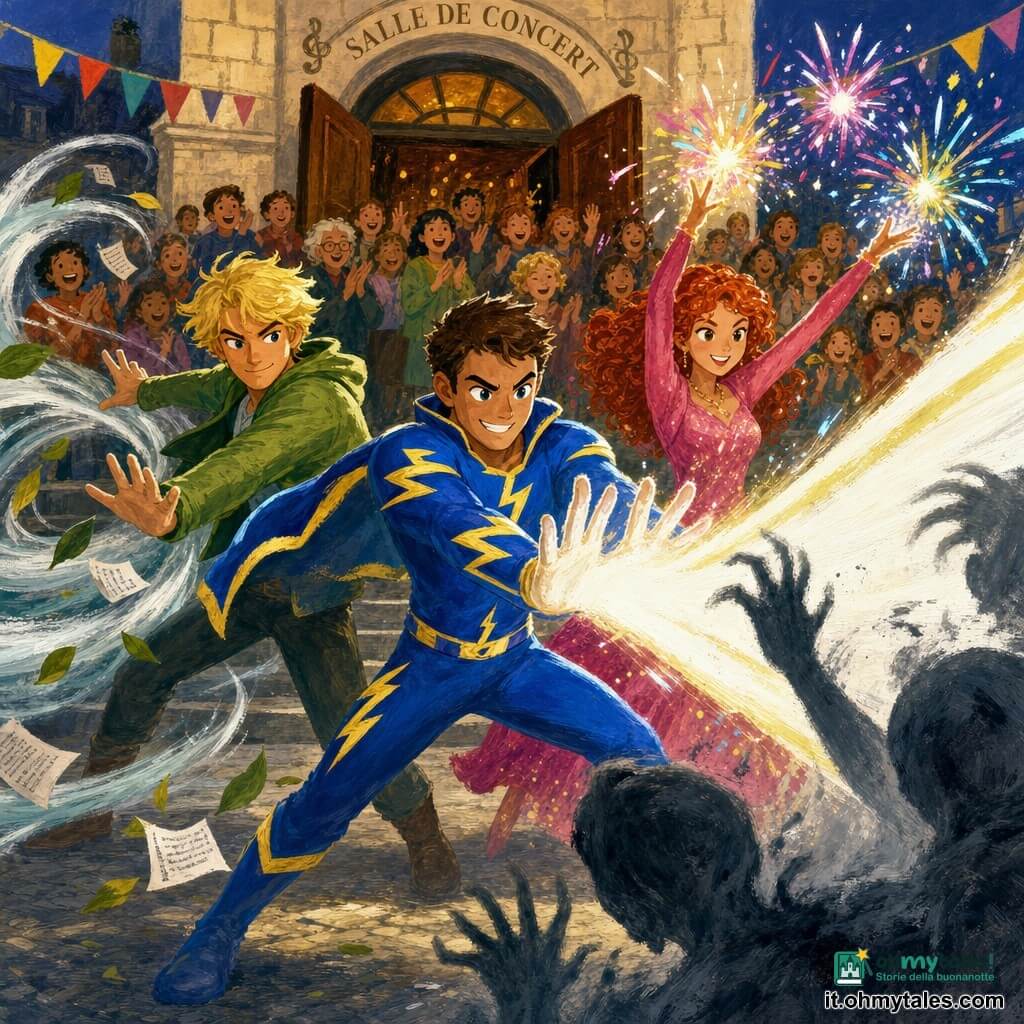 Un uomo, Fulmine, sorride deciso e indossa un costume blu elettrico con fulmini gialli e una corta mantella mentre scaglia una potente raffica di luce bianca; dietro a sinistra Vento, ~28 anni, capelli biondi scompigliati e giacca verde leggera crea un vortice d'aria che solleva foglie e carte; a destra Scintilla, ~25 anni, capelli rossi ricci e abito rosa brillante alza le braccia sparando scintille colorate; sullo sfondo una sala da concerti in pietra con porte aperte, ghirlande e una folla di personaggi sorridenti; in primo piano a destra ombre grigie sfumate cercano di oltrepassare una barriera mentre Fulmine le respinge con la sua luce, contrasto netto tra i colori caldi degli eroi (blu, giallo, rosa, verde) e i toni freddi delle ombre, atmosfera dinamica con pennellate visibili e texture a gouache.