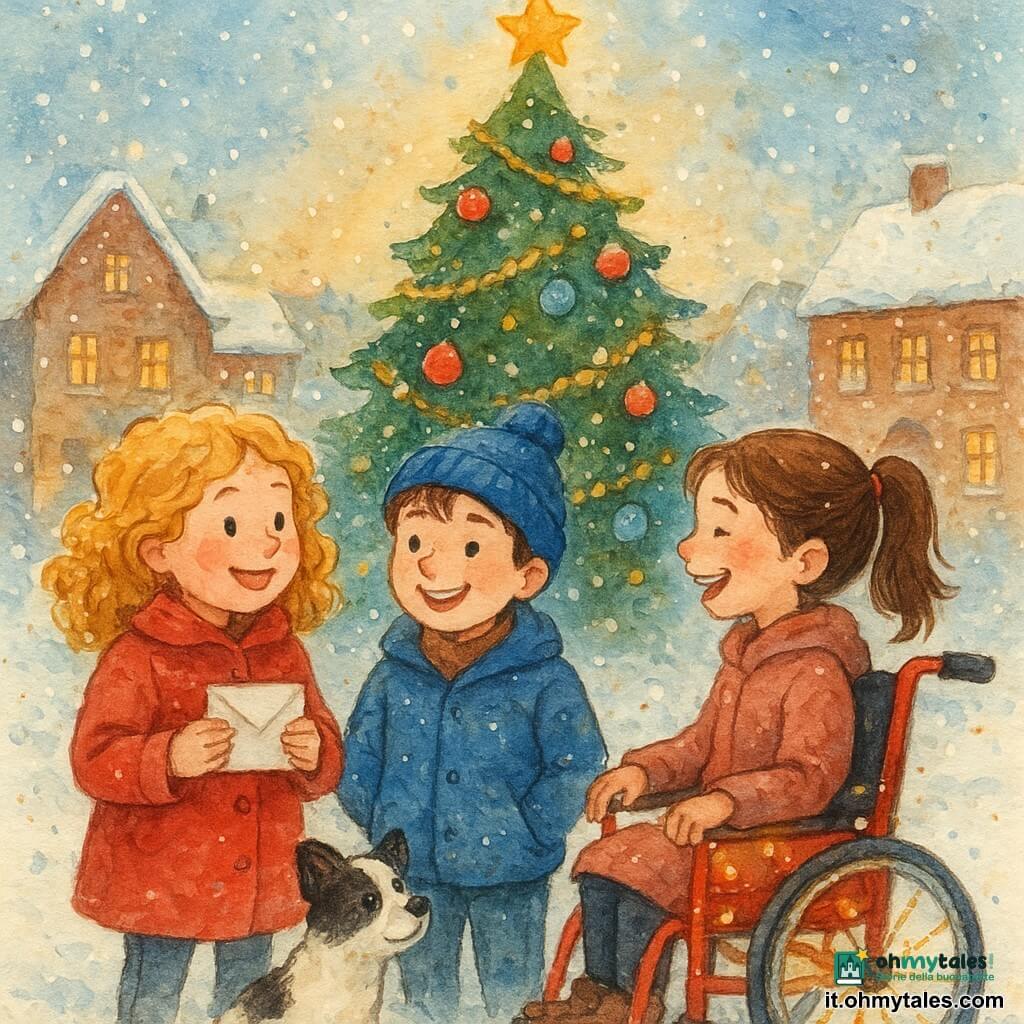 Ci sono 3 personaggi: Anna, una bambina di 8 anni con capelli biondi ricci e guance rosse, indossa un cappotto rosso e tiene una busta bianca piena di lettere. È a sinistra dell'immagine. Leo, un ragazzo di 8 anni con un cappello blu con pompon, ha i capelli castani e sorride guardando Anna. È al centro dell'immagine. Sara, una bambina di 8 anni con capelli castani legati in una coda di cavallo, è seduta su una piccola sedia a rotelle rossa decorata con luci scintillanti. È a destra dell'immagine. Il luogo è la piazza centrale del villaggio di Boscochiaro, coperta di neve scintillante. Un grande albero di Natale si erge al centro, decorato con palline colorate e ghirlande dorate. Intorno, case di mattoni con tetti innevati e finestre illuminate creano un'atmosfera accogliente. La scena principale mostra i tre amici davanti all'albero, mentre ridono e chiacchierano allegramente. La neve cade dolcemente intorno a loro, aggiungendo un tocco magico alla scena. Un piccolo cane bianco e nero li osserva curiosamente, aggiungendo una nota di allegria all'illustrazione.