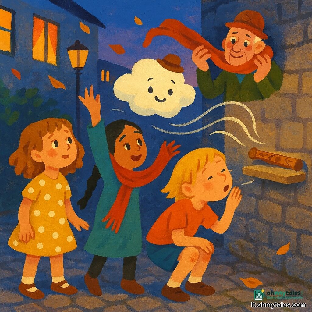Ci sono 5 personaggi: Lalia, bambina di 6 anni coi capelli castano chiaro ricci a ciocche, vestito giallo a pois bianchi, a sinistra che guarda meravigliata la flauto sul muro; Mina, bambina di 6 anni coi capelli neri in treccia e una lunga sciarpa rossa, al centro con la mano ancora alzata come se la sciarpa si fosse appena sollevata; Berta, bambina di 6 anni coi capelli biondi corti e ginocchia un po' sporche, a destra accovacciata che soffia ridendo verso il flauto; il Signor Pipistrello, uomo anziano dalla pelle rugosa con piccolo cappello tondo, sullo sfondo che tiene la sciarpa arrotolata sulla testa come una corona e sorride; una piccola nuvola rotonda con un piccolo cappello fluttua sopra il flauto sorridendo. Ambientazione: corte di quartiere al crepuscolo con pavé irregolari, vecchio muro di pietra e mensola con flauto di legno scolpito a motivi di foglie, case con finestre aperte e tende colorate, lampioni a luce calda e qualche foglia che svolazza. Situazione: il flauto suona una nota chiara rappresentata da linee bianche di vento, la nuvoletta esce cantando e la sciarpa rossa vola verso il Signor Pipistrello, espressioni di gioia e stupore sulle tre bambine, palette a gouache vivace e atmosfera fantastica e umoristica.