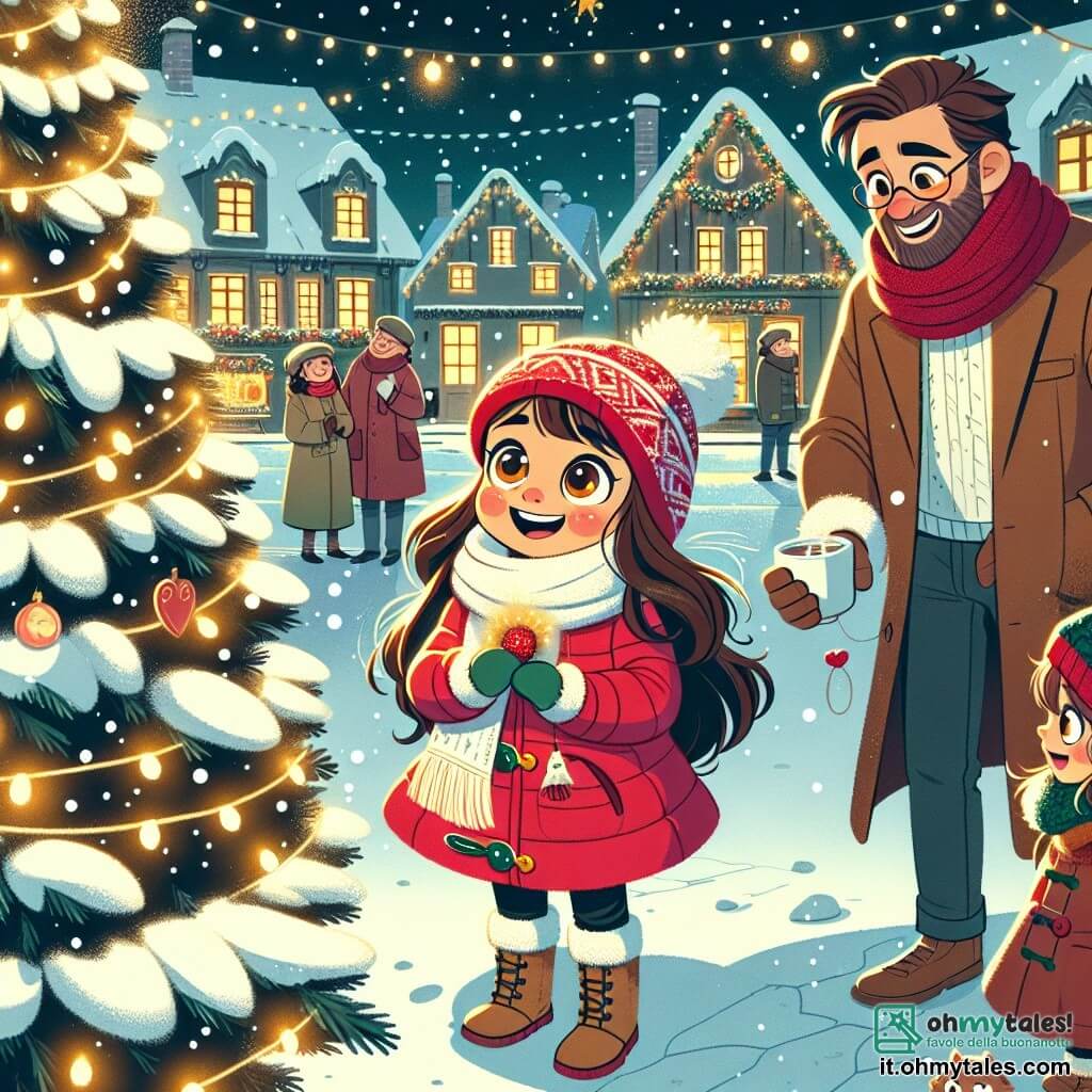 Una ragazza di 11 anni, Sofia, con lunghi capelli castani e guance arrossate dal freddo, sorride con meraviglia mentre ammira un grande albero di Natale illuminato al centro della piazza del villaggio. Indossa un cappotto rosso vivo, una sciarpa di lana bianca e un berretto con pompon, i suoi occhi brillano di gioia ed eccitazione. Accanto a lei, suo padre, un uomo di circa quarant'anni con barba bruna e occhiali, ride tenendo una tazza di cioccolata calda fumante, mentre sua madre, una donna di circa trent'anni con capelli castani e un sorriso caloroso, appende delle ghirlande sull'albero. Il luogo è una piazza affascinante, circondata da case in legno decorate con luci scintillanti, con la neve fresca che ricopre il suolo, creando un paesaggio incantevole. La scena principale mostra Sofia e la sua famiglia riuniti attorno all'albero, condividendo risate e calore, mentre i fiocchi di neve cadono dolcemente intorno a loro, creando un'atmosfera magica e festosa.