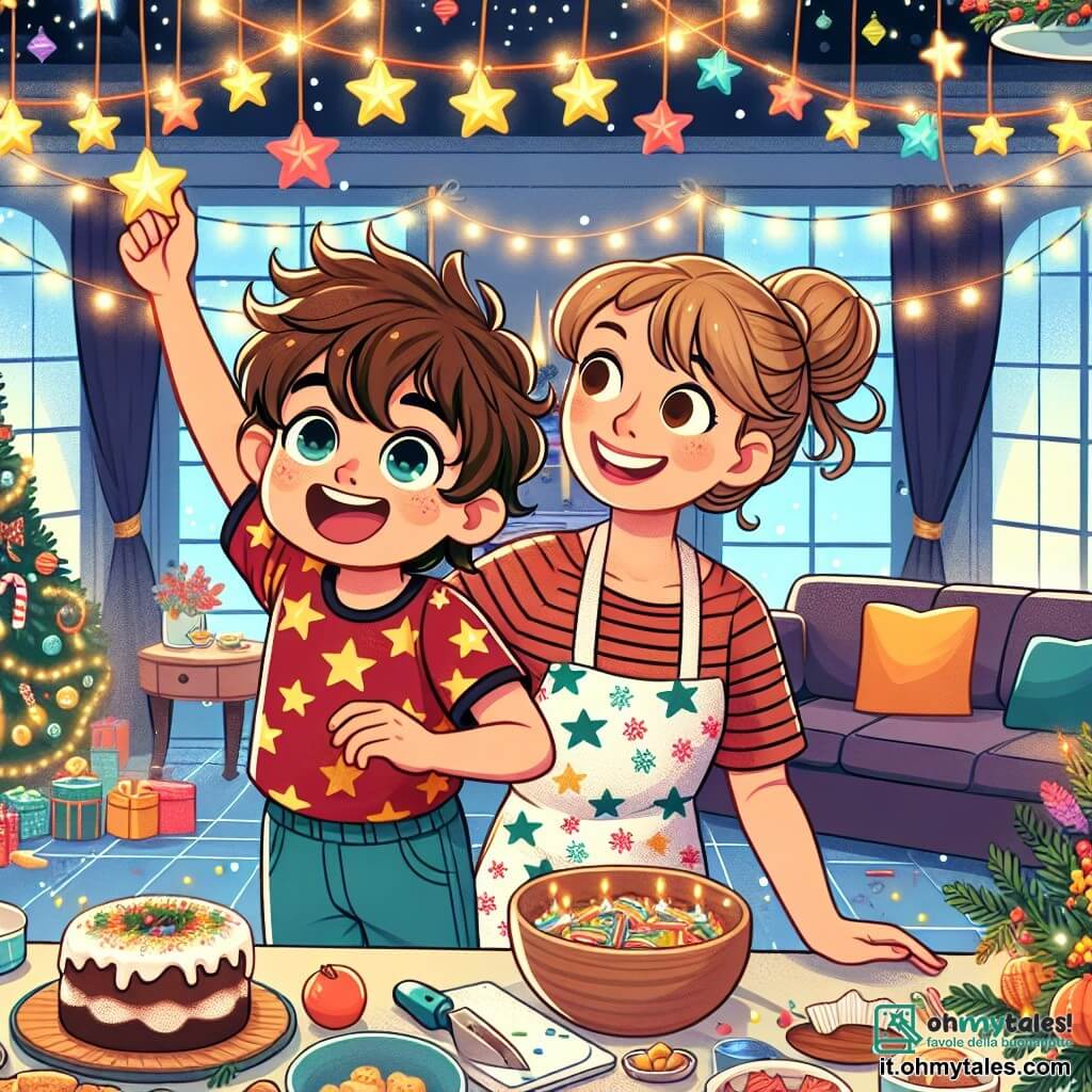 Un ragazzino di 5 anni, di nome Marco, con capelli castani disordinati e occhi pieni di gioia, sta decorando il soggiorno per Capodanno. Indossa una maglietta rossa con stelle dorate e pantaloni corti blu, sorridendo mentre tiene stelle filanti colorate da appendere al soffitto. Accanto a lui, sua madre, una donna di circa 30 anni con capelli castani raccolti a chignon, prepara una deliziosa torta sulla tavola, indossando un grembiule con motivi natalizi e guardando Marco con tenerezza. Il soggiorno è pieno di decorazioni festive: ghirlande scintillanti, palloncini colorati che fluttuano e una grande tavola imbandita con dolci, frutta e una grande piatto di pasta. La scena mostra Marco mentre appende una stella filante, circondato da un'atmosfera calda e gioiosa, con luci scintillanti che illuminano la stanza, mentre la famiglia si prepara a festeggiare insieme l'arrivo del nuovo anno.