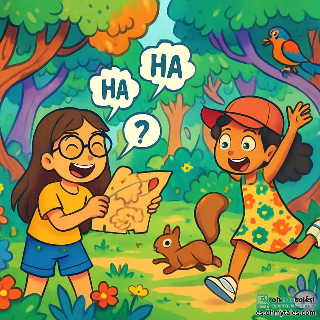 Hay 2 personajes principales: Clara, una niña de 10 años con largos cabellos castaños y gafas redondas, que lleva una camiseta amarilla brillante y un short de mezclilla, riendo mientras sostiene un viejo trozo de papel, el misterioso mapa del tesoro; y Lucía, también de 10 años, con cabello rizado y una gorra roja, vestida con un vestido de flores coloridas y zapatillas blancas, corriendo tras una ardilla pequeña, con los brazos levantados de emoción. La escena transcurre en el Bosque de las Bromas, un lugar encantado lleno de árboles torcidos, hojas brillantes de varios colores, flores multicolores y arroyos relucientes. Los pájaros de plumas brillantes cantan melodías alegres, mientras pequeñas criaturas como ardillas y conejos juegan a su alrededor. La situación principal muestra a Clara y Lucía en plena aventura, riendo mientras intentan atrapar una ardilla traviesa que les dio una pista para encontrar el tesoro, rodeadas de risas y bromas, creando una atmósfera alegre y lúdica.