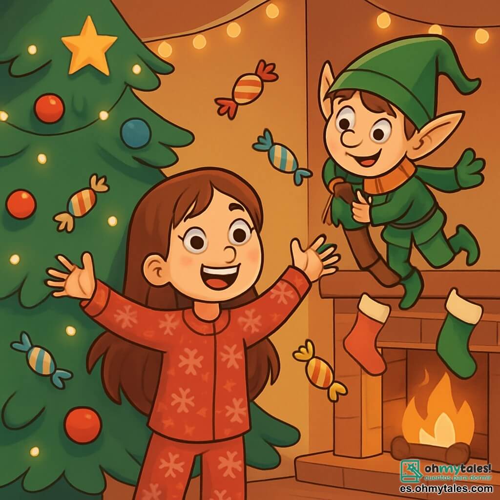 Una niña de 10 años, con largos cabellos castaños y ojos brillantes de curiosidad, está bajo un gran árbol de Navidad decorado con luces centelleantes y bolas de colores. Lleva un pijama rojo con motivos de copos de nieve y muestra una sonrisa maravillada, con los brazos en alto, como si hubiera descubierto un secreto mágico. A su lado, un duende travieso, pequeño y juguetón, con un sombrero verde puntiagudo y una cara risueña, se agarra a una rama del árbol, listo para hacer una nueva broma. La escena tiene lugar en una sala acogedora, con paredes adornadas con guirnaldas luminosas, donde la chimenea crepita suavemente y hay medias de colores colgadas arriba. La situación principal muestra a la niña y al duende en plena acción, rodeados de caramelos voladores que bailan a su alrededor, mientras ríen juntos, creando un ambiente alegre y festivo, lleno de magia navideña.
