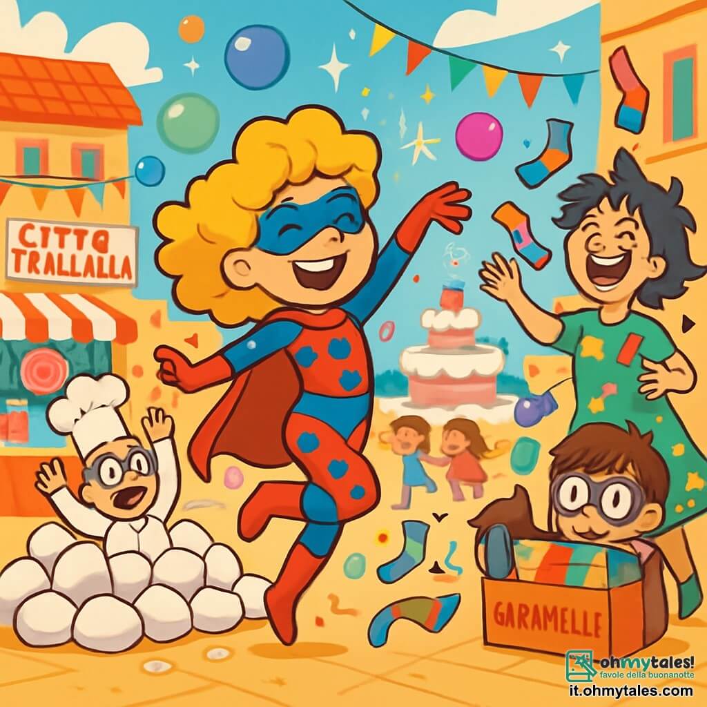 Matilde, una giovane con capelli ricci e dorati, indossa un costume da supereroina rosso e blu a pois, con un grande sorriso malizioso. Danza gioiosamente, circondata da bolle colorate che fluttuano, mentre un tocco di magia brilla nell'aria. Il Dottor Spuntino, un uomo di circa trent'anni con occhiali tondi e un cappello da cuoco, sta cadendo in una montagna di marshmallow, sorpreso e divertito. La Contessa delle Calze Bucate, una donna di circa quarant'anni con capelli disordinati e un vestito a motivi di calzini, lancia calzini colorati ridendo, mentre Gufoman, un ragazzo timido di circa 10 anni, si nasconde dietro una scatola di caramelle, con gli occhi spalancati per la curiosità. La scena si svolge in una piazza animata di Città Trallallà, decorata con festoni colorati e stand di dolci, dove i bambini ridono e danzano attorno a una grande fontana a forma di torta. Matilde, con la sua energia contagiosa, coinvolge tutti in una danza gioiosa, trasformando la piazza in una festa splendente di risate e colori.