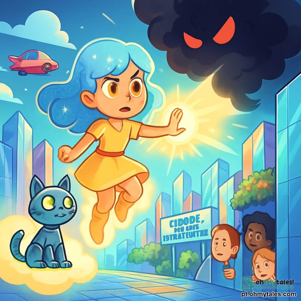 Lúmina é uma jovem com cabelos azul claro cintilantes e olhos dourados brilhantes de preocupação e determinação. Ela flutua no ar, cercada por uma aura luminosa, pronta para enfrentar a misteriosa nuvem negra que obscurece o céu. Ao seu lado, Pixel, um gato robótico de olhos verdes brilhantes, observa com curiosidade, suas pequenas orelhas de metal em pé. Ele está sentado em uma nuvem de luz, pronto para ajudar sua dona. O cenário é a Cidade dos Mil Brilhos, com edifícios de cristal que refletem cores vivas, jardins suspensos cheios de flores vibrantes e carros voadores cruzando o céu. O chão é pavimentado com pedras cintilantes que parecem vibrar sob a luz. A cena principal mostra Lúmina concentrada, usando seu poder para absorver a luz ambiente e combater a sombra ameaçadora que se aproxima, enquanto os habitantes da cidade, preocupados, se escondem atrás das paredes de cristal, observando a cena com esperança.