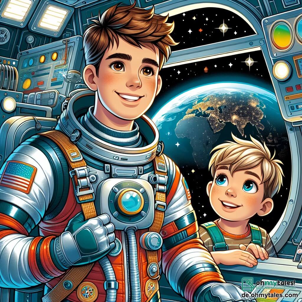 Ein Astronaut namens Max, mit einem warmen Lächeln, schwebt im Weltraum, gekleidet in einen eleganten, bunten Raumanzug, seine braunen Haare leicht zerzaust durch die Schwerelosigkeit. Seine Augen strahlen vor Aufregung, während er einem etwa 8-jährigen Jungen namens Leo, der blonde Haare und leuchtende Augen hat, die Wunder der Raumstation zeigt. Leo, in einem kleineren Raumanzug gekleidet, schaut fasziniert durch ein großes Fenster, durch das die kleine, bunte Erde im Hintergrund sichtbar ist. Die Szene spielt sich in einer futuristischen Raumstation mit silbernen Wänden und leuchtenden Kontrollpanelen ab, die in der schwarzen Weite des Weltraums schwebt. Wissenschaftliche Geräte und Experimente schweben um sie herum und verleihen der Umgebung einen Hauch von Magie. Die Hauptsituation zeigt Max und Leo, die gemeinsam die Schönheit des Universums durch das Fenster entdecken, während funkelnde Sterne und bunte Planeten im Hintergrund erscheinen und das Staunen und das Abenteuer der Weltraumforschung illustrieren.