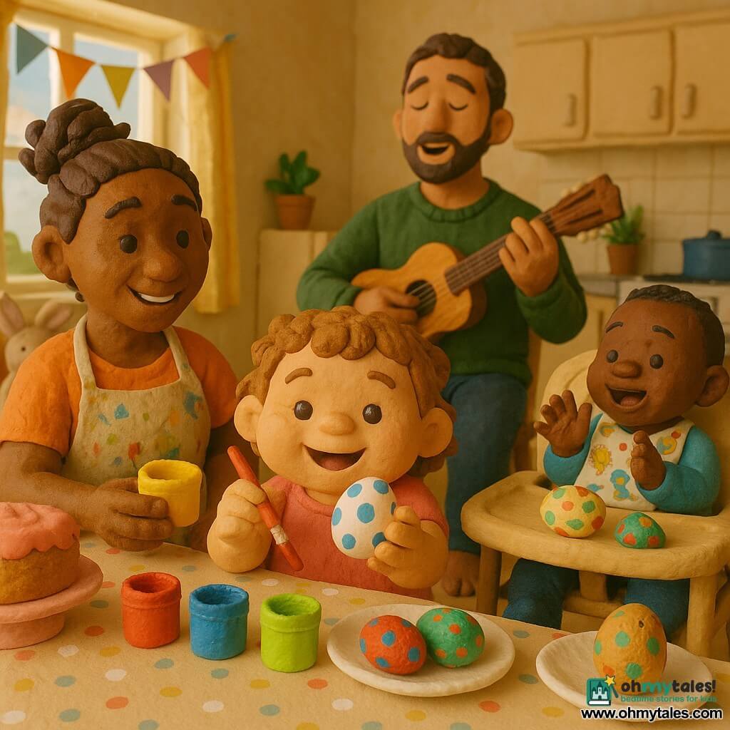 A joyful, chubby 2-year-old girl with short curly light-brown hair and bright round eyes holds a small red-painted brush and dots blue paint onto a white egg; her smiling ~30-year-old mother with tied-up hair and a colorful paint-stained apron leans in from the left offering a pot of yellow paint, while a bearded ~30-year-old father in a green sweater sits at the rear right playing a small wooden guitar and singing, and a clapping ~1-year-old little brother in a high chair with an animal bib watches a painted egg before him; the warm, bright kitchen features a light wood table with a polka-dot cloth, vivid paint pots, plates of colored eggs, a round cake with pink icing, an open window with a breeze and mini flags, and a plush bunny on a chair—an intimate, welcoming family Easter egg-painting moment centered on the girl with the glowing egg.