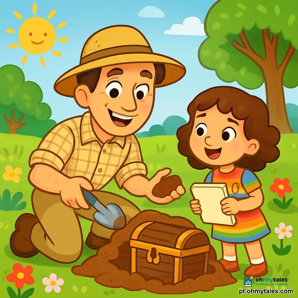 Um arqueólogo, Miguel, está no centro da imagem, com um grande sorriso de admiração no rosto. Ele usa um chapéu de palha largo e uma camisa xadrez, com calças de lona bege. Suas mãos estão sujas de terra e ele segura uma pequena pá, pronto para descobrir um tesouro escondido. Ao lado dele, uma menina de cerca de 8 anos, com cabelos cacheados e castanhos, observa com olhos brilhantes. Ela veste um vestido colorido e segura um caderno de esboços, pronta para desenhar o que encontrarem. O cenário é um campo verdejante, cercado por árvores majestosas e flores vibrantes. O sol brilha em um céu azul claro, criando uma atmosfera alegre e luminosa. A cena principal mostra Miguel cavando o solo e descobrindo um velho baú de madeira, enquanto a menina se aproxima com entusiasmo, ansiosa para ver o que há dentro.
