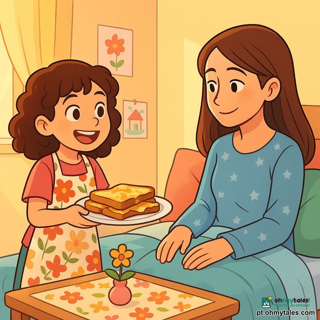 Uma menina de 10 anos, com cabelos castanhos e cacheados, sorri alegremente enquanto usa um avental de flores. Seus olhos brilham de excitação enquanto segura um prato cheio de pão dourado e fatias de queijo derretido. Ao lado dela, sua mãe, uma mulher de cerca de 35 anos com cabelos longos e lisos, a observa com ternura, sentada na cama, cercada por almofadas coloridas. A mãe veste um pijama suave e tem um sorriso emocionado no rosto. A cena acontece em um quarto acolhedor, decorado com paredes em tons pastéis e desenhos infantis pendurados, com raios de sol filtrando através das cortinas leves. No centro, uma pequena mesa de madeira está posta com uma bonita toalha de flores, sobre a qual repousa uma pequena flor fresca. A situação principal mostra a menina trazendo um café da manhã surpresa para sua mãe no Dia das Mães, repleta de alegria e amor, criando um momento mágico e íntimo entre elas.