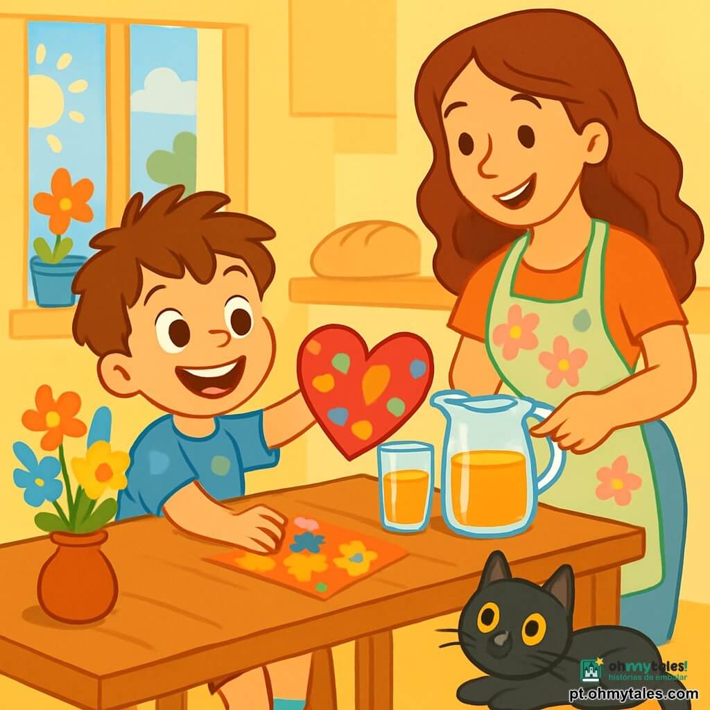 Um menino de 4 anos, com cabelo castanho bagunçado e um grande sorriso alegre, está sentado a uma mesa de madeira. Ele usa uma camiseta azul com estrelas e shorts verdes. Seus olhos brilham de excitação enquanto segura um guardanapo colorido em forma de coração, pronto para mostrar ao papai. Ao lado dele, sua mãe, uma mulher de cerca de 30 anos com cabelos longos e ondulados, sorri calorosamente. Ela usa um avental florido e está preparando copos de suco de laranja na mesa. O gato deles, um pequeno gato preto com olhos verdes brilhantes, está deitado no chão, observando a cena com curiosidade. A cozinha é iluminada, com paredes amarelas e janelas que deixam entrar a luz do sol. Flores em um vaso colorido decoram a mesa, enquanto um aroma de pão quente flutua no ar. O menino está prestes a surpreender o papai com uma linda decoração de mesa para o Dia dos Pais, cercado de risos e alegria, criando uma atmosfera calorosa e festiva.