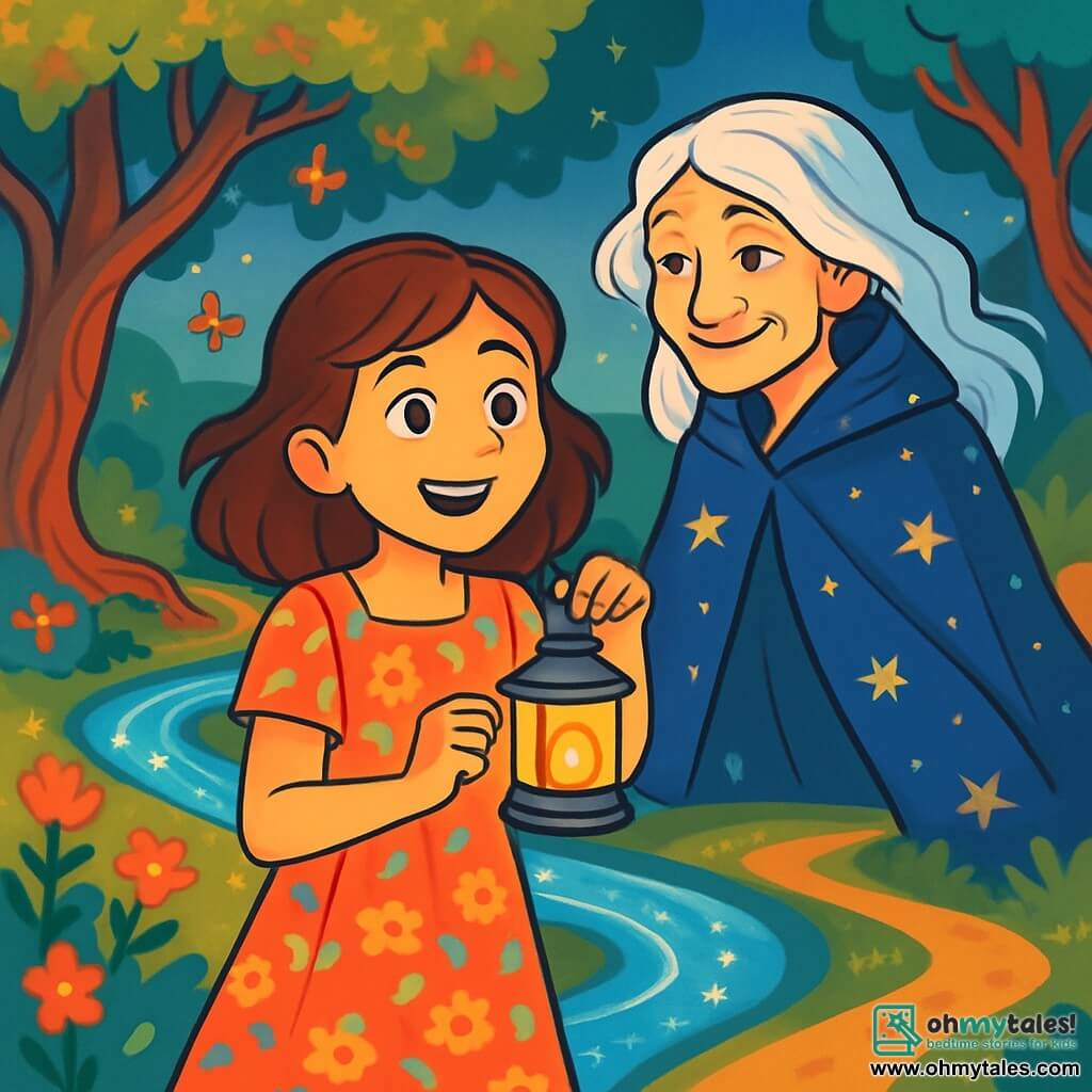 A 12-year-old girl named Mira stands by a shimmering stream, her curious eyes sparkling with wonder. She has wavy brown hair, a light floral dress, and a small glass lantern in her hands, emitting a soft golden glow. Her face shows joy mixed with excitement, as if she has just uncovered a hidden secret. Next to her, a mysterious old woman, about 70 years old, is wrapped in a starry cloak. Her silver hair floats gently in the wind, and she smiles mischievously, her eyes sparkling with wisdom. She stands slightly back, watching Mira kindly. The setting is an enchanting landscape where the stream winds between twisted trees with shimmering leaves. Colorful flowers grow along the banks, and butterflies dance around them, adding a touch of magic to the atmosphere. Fascinated by the light of her lantern, Mira stands at a crossroads, hesitating between three mysterious paths. Each trail glows with a different light, promising adventures and discoveries. The scene captures the moment when Mira must choose her path, her heart racing with excitement and anticipation.