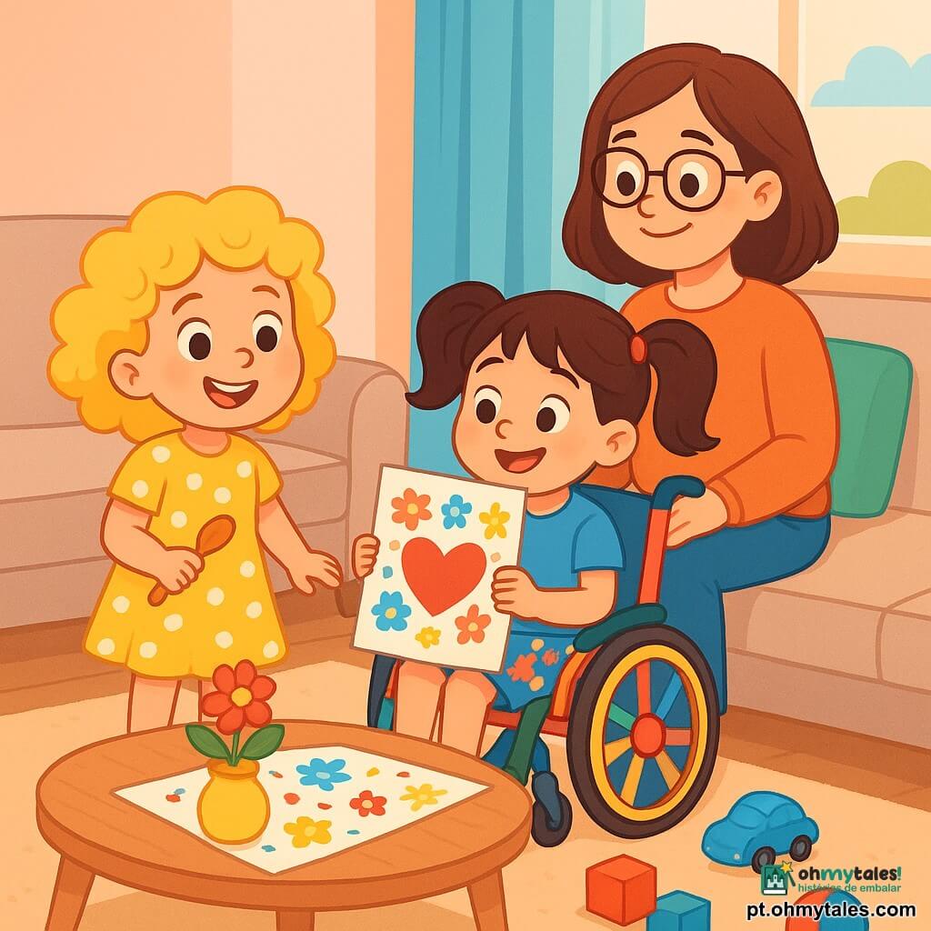 Há 3 personagens: - Lara: uma menina de 6 anos com cabelos cacheados e dourados que parecem nuvens. Ela usa um vestido amarelo com bolinhas e segura uma colher de madeira, sorrindo com olhos brilhantes. - Inès: uma menina de 6 anos com cabelos lisos e castanhos, presos em duas tranças. Ela está sentada em uma cadeira de rodas colorida, vestindo uma camiseta azul e um short de flores, segurando uma faixa de papel decorada. - A mamãe: uma mulher na casa dos trinta anos, com cabelos castanhos e óculos. Ela usa um suéter macio e uma calça confortável, sentada no sofá, com um sorriso caloroso no rosto. O cenário é uma sala iluminada e acolhedora, com paredes pintadas em tons pastéis e uma grande janela que deixa entrar a luz do sol. Uma mesa de centro de madeira está decorada com uma toalha bonita, um vaso com uma pequena flor colorida e uma faixa de papel com desenhos de crianças. Brinquedos estão espalhados sobre o tapete macio. A situação principal mostra Lara e Inès, as duas meninas, preparando uma surpresa para a mamãe para o Dia das Mães. Elas estão desenhando um cartão bonito com cores vivas e padrões alegres, enquanto a mamãe as observa com carinho, cercada pela atmosfera acolhedora da casa.