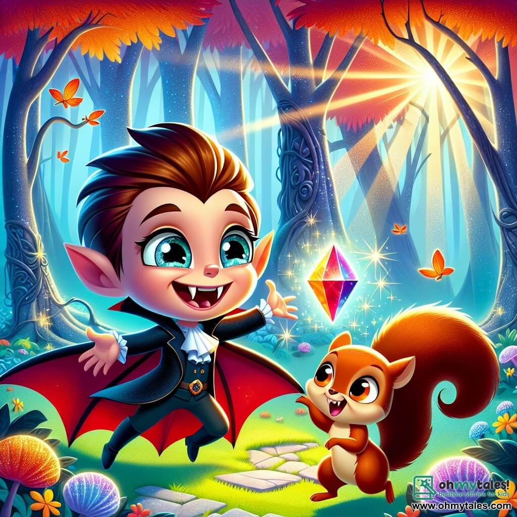 A little vampire named Vlad, with large black wings and sparkling curious eyes, stands at the center of the image. He has a joyful smile and sharp teeth, holding a shimmering crystal that emits a soft light. Next to him, a squirrel named Sam, with reddish fur and a bushy tail, looks at the crystal in wonder. Sam is joyfully jumping with his little paws raised and has a friendly expression on his face. In the background, a magical forest is visible, with sparkling tree trunks and colorful singing flowers. Sunbeams filter through the leaves, creating a fairy-tale and bright atmosphere. The scene depicts Vlad and Sam discovering the magical crystal in forgotten ruins, surrounded by the beauty of the forest, ready to save their enchanted world.