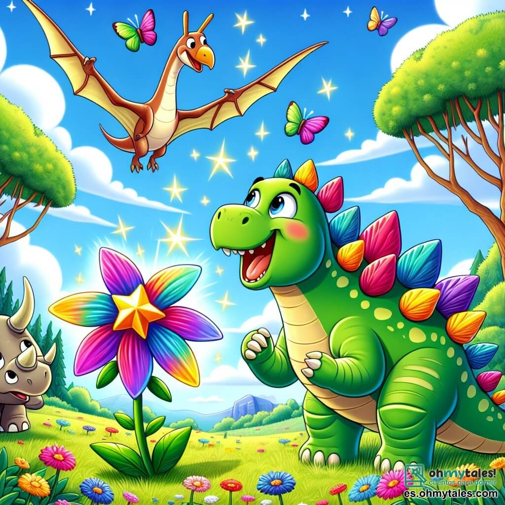 Un pequeño estegosaurio llamado Estego, con un cuerpo verde brillante y placas coloridas que brillan bajo el sol, expresa gran alegría saltando cerca de una hermosa flor mágica que brilla como una estrella. A su lado, un pterodáctilo llamado Ptero, con alas multicolores y una sonrisa radiante, vuela ligeramente sobre él, admirando la flor. Un poco más lejos, un triceratops llamado Trici, con tres grandes cuernos y piel beige, mira con asombro, sus ojos brillando de felicidad. La escena se desarrolla en un claro verde rodeado de grandes árboles y flores brillantes, bajo un cielo azul con nubes blancas. En el centro de la ilustración, Estego, Ptero y Trici celebran juntos el descubrimiento de la flor mágica, mientras mariposas de colores danzan a su alrededor, añadiendo un toque de magia a esta hermosa aventura.