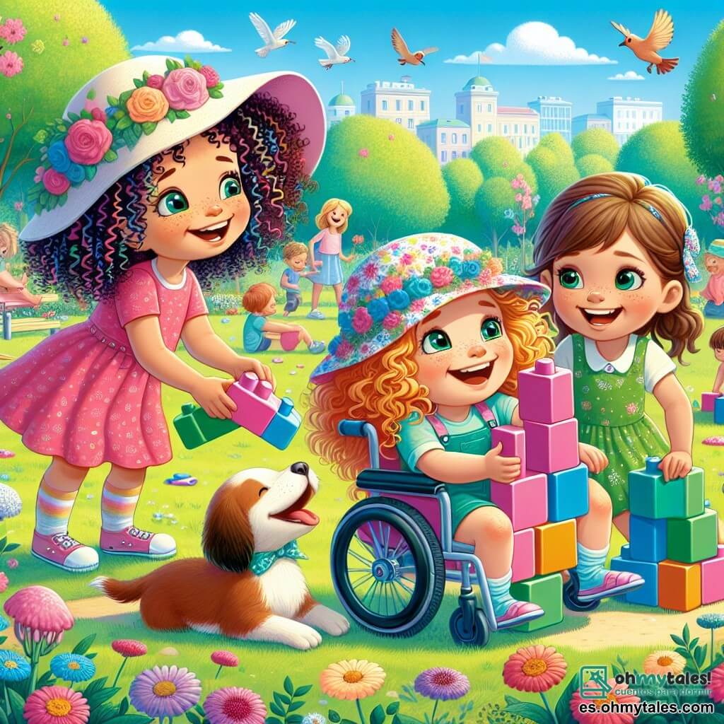 Tres chicas están reunidas en un parque soleado. Lila, una niña de 8 años con cabello rizado y colorido, está agachada a la izquierda, sosteniendo un bloque de construcción rosa. A su derecha, Sofía, una niña de 7 años con un gran sombrero de flores, sonríe mientras sostiene un bloque azul. Finalmente, Ana, una niña de 9 años en una silla de ruedas, está en el centro, levantando los brazos con una gran sonrisa, sosteniendo un bloque verde que un perrito travieso dejó caer. El parque está lleno de flores coloridas, árboles verdes y un cielo azul brillante. Al fondo, se ven niños jugando y pájaros cantando, creando una atmósfera alegre y animada. Las tres amigas están construyendo una gran torre de bloques, pero un perrito travieso acaba de hacer caer uno de los bloques, lo que las hace reír a carcajadas. Lila, Sofía y Ana están listas para reiniciar su construcción, llenas de energía y buen humor.