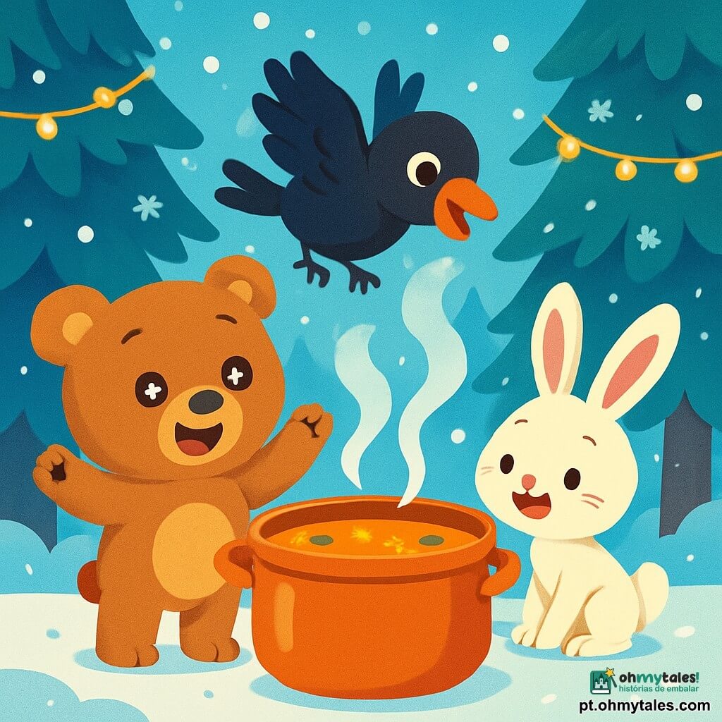 Um pequeno urso de pelúcia, chamado Tobias, com pelagem marrom claro e olhos brilhantes como estrelas, está alegremente diante de uma grande panela fumegante. Ele sorri com entusiasmo, suas bochechas rosadas e patas levantadas, pronto para compartilhar sua deliciosa sopa de Natal. Ao seu lado, uma corvo de penas pretas e brilhantes, Corujinha, voa suavemente, com um olhar curioso e amigável. Ela parece animada, pronta para ajudar, flutuando logo acima da panela. Um travesso coelhinho, Coelhinho, com grandes orelhas e pelagem branca, pula alegremente ao redor da cena, seus olhos brilhando de felicidade. Ele está sentado perto de Tobias, olhando a sopa com expectativa. O cenário é uma floresta encantada, coberta por uma espessa camada de neve cintilante, com majestosas árvores adornadas com luzes. Flocos de neve caem suavemente, criando uma atmosfera mágica. A cena principal mostra Tobias e seus amigos reunidos em volta da panela, soprando juntos para aquecer a sopa, seus rostos iluminados pelo calor e pela amizade, cheios de excitação e alegria para celebrar o Natal juntos.