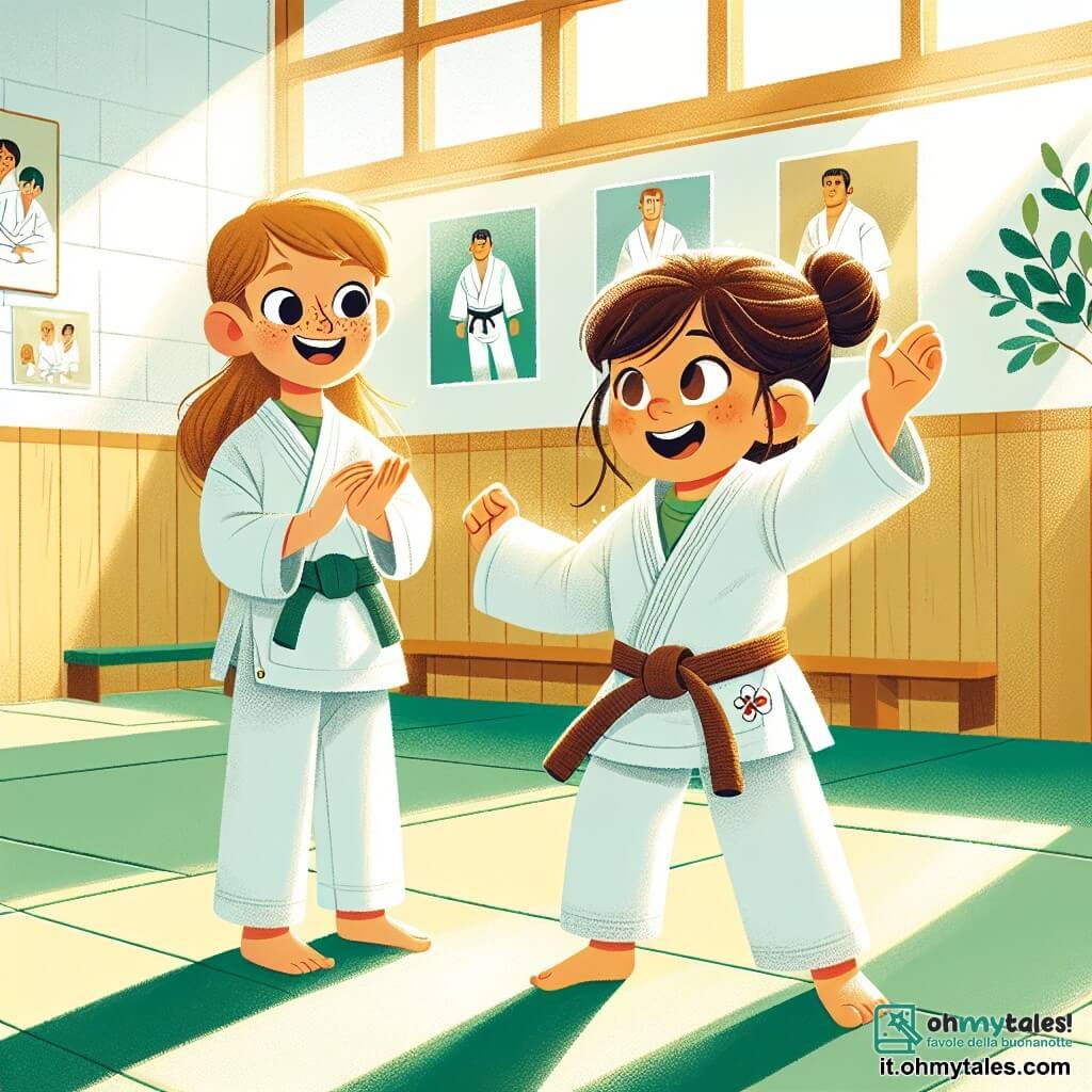 In un dojo luminoso, due bambine si allenano nel judo. Mia, una ragazza di 8 anni con lunghi capelli castani e occhi brillanti, indossa un kimono bianco e sorride con entusiasmo mentre si esercita in un movimento di judo, concentrata sulla sua tecnica. Accanto a lei, Sara, una ragazza di 9 anni con capelli biondi corti e lentiggini, indossa anche un kimono bianco e applaude Mia con un grande sorriso, incoraggiandola a continuare. Il dojo è decorato con tatami verdi e pareti in legno chiaro, con manifesti di campioni di judo appesi. La luce del sole filtra dalle finestre, creando un'atmosfera calda e accogliente. La scena mostra Mia che riesce in un movimento di judo, sollevando le braccia in segno di vittoria, mentre Sara applaude con gioia. L'atmosfera è piena di energia e amicizia, illustrando l'importanza di aiutarsi e divertirsi insieme nello sport.