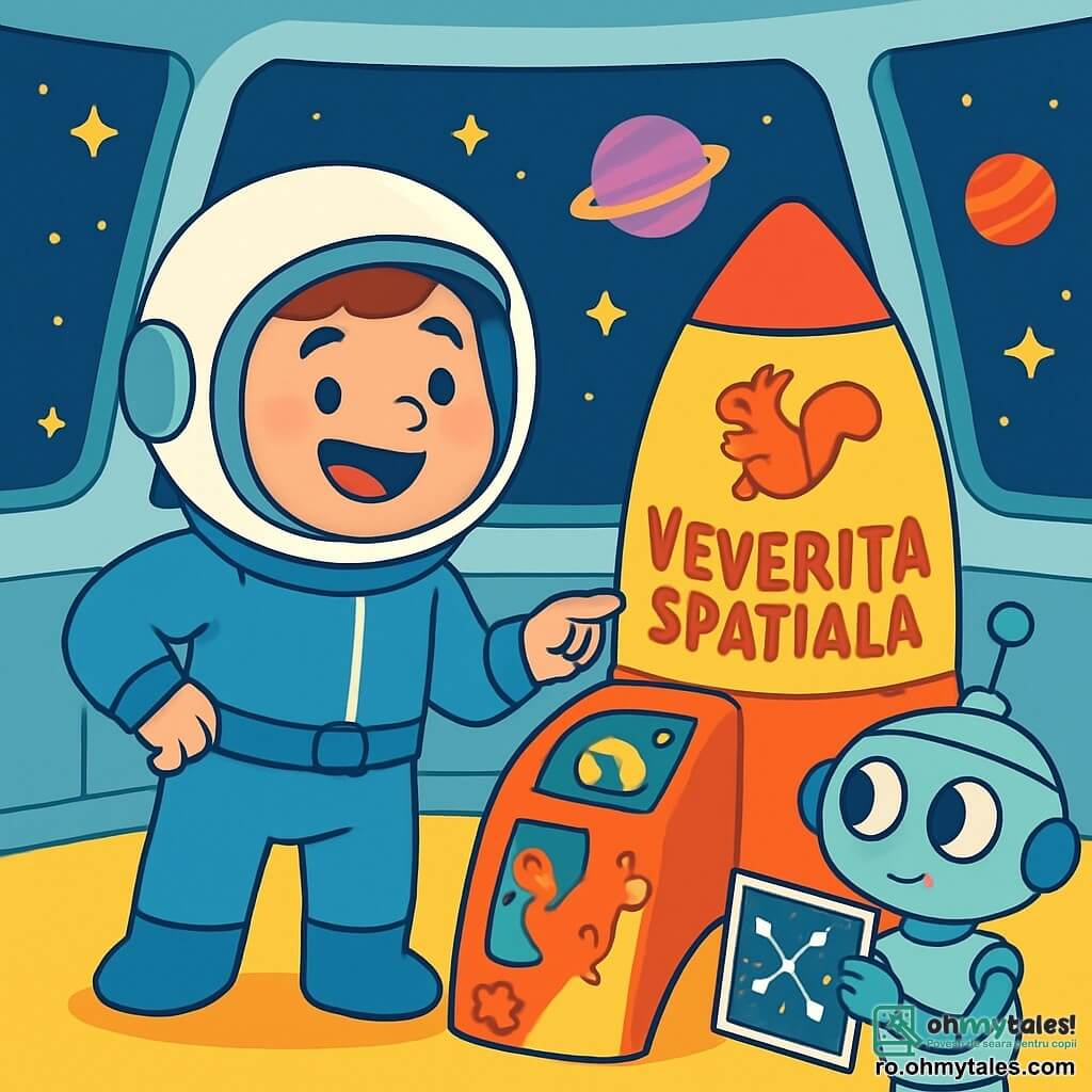 Un bărbat pe nume Doru, purtând o cască de astronaut strălucitoare și un costum spațial albastru, zâmbește cu entuziasm. El stă lângă naveta sa spațială, Veverița Spațială, decorată cu modele de veverițe și culori vii. Lângă el, un robot numit Lili, cu ochi rotunzi și brațe articulate, pare curios și pregătit să ajute, stând puțin în spate. Decorul este o stație spațială plutitoare, înconjurată de stele strălucitoare și planete colorate, cu feronerie transparentă care arată un cer înstelat. Doru verifică instrumentele navetei, în timp ce Lili examinează o hartă stelară, amândoi nerăbdători să înceapă aventura în necunoscutul galaxiei.