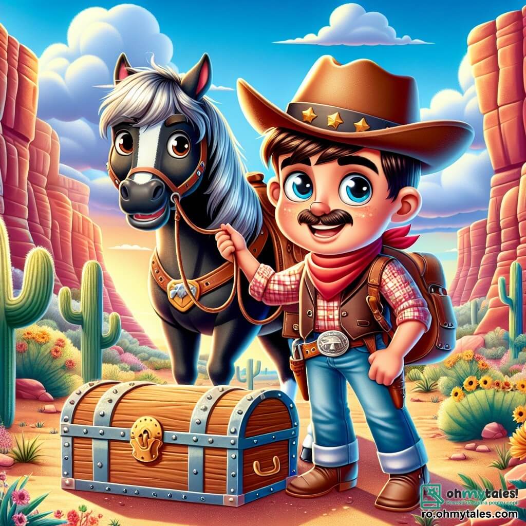 Un tânăr cowboy, Tom, un băiat de aproximativ 12 ani, cu un zâmbet larg și ochi strălucitori de curiozitate, poartă o pălărie mare de cowboy maro și o cămașă în carouri roșii. El stă în picioare, ținând o hartă într-o mână, în timp ce cu cealaltă își mângâie calul său fidel, Fulger, un cal negru magnific cu o coamă strălucitoare. Aproape de el, un șerif, Joe, un bărbat de patruzeci de ani cu o mustață groasă și o privire serioasă, observă scena cu o expresie de îngrijorare, îmbrăcat într-un veston din piele și o pălărie de cowboy. Fundalul este un canion majestuos, cu pereți de stâncă roșie și cactuși răspândiți, sub un cer albastru strălucitor presărat cu nori albi. Lumina soarelui luminează peisajul, creând umbre blânde pe solul nisipos. Situația principală îl arată pe Tom, plin de entuziasm, descoperind un cufăr vechi îngropat în pământ, înconjurat de pietre și flori sălbatice, în timp ce Fulger stă alături de el, pregătit pentru aventură.