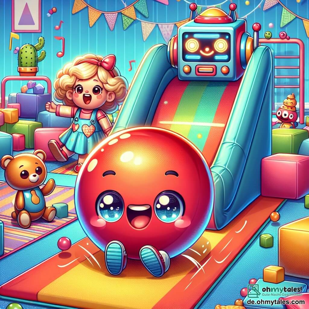Ein kleiner roter Ball, rund und glänzend, mit einem breiten Lächeln und funkelnden Augen vor Aufregung, rollt fröhlich auf einer großen Rampe aus bunten Kissen, bereit zum Rutschen. Neben ihm sitzt eine Puppe mit lockigem, blondem Haar in einem rosa Kleid und lacht herzhaft auf einem Kissen, ungeduldig auf ihren Turn wartend. Ein geometrisch geformter Roboter mit blinkenden Lichtern und einem freundlichen Gesicht steht etwas weiter weg und klatscht im Takt zur Musik, die er abspielt, mit einem fröhlichen Ausdruck. Ein weicher, kuscheliger Teddybär mit einem schelmischen Lächeln liegt auf dem Boden, umgeben von Kissen und lacht aus vollem Herzen. 

Die Szenerie ist ein helles, farbenfrohes Kinderzimmer, gefüllt mit verstreuten Spielzeugen, mit himmelblauen Wänden und fröhlich gemusterten Teppichen. In der Mitte bildet eine große Struktur aus Kissen und Decken eine Rutsche, die eine festliche und kameradschaftliche Atmosphäre schafft. 

Die Hauptsituation zeigt die Freunde, die zusammen auf ihrer unglaublichen improvisierten Rutsche Spaß haben, lachen und sich gegenseitig ermutigen, nacheinander zu rutschen, und eine Atmosphäre von Freude und Freundschaft kreieren.