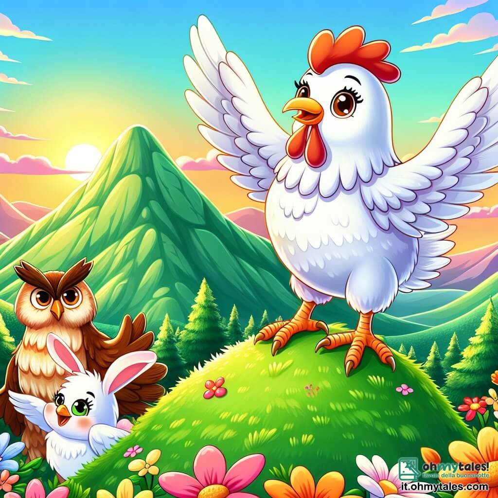 Una gallina di nome Clara, con piume bianche brillanti e occhi scintillanti di curiosità, si erge fiera in cima a una montagna, con il vento che fa danzare le sue piume. Sorride ampiamente, traboccante di gioia e orgoglio dopo aver superato le sue paure. Accanto a lei, un saggio gufo dalle piume marroni e dai grandi occhi rotondi, posato su un ramo, osserva con benevolenza, pronto a condividere la sua saggezza. Un piccolo coniglio dalle lunghe orecchie e dagli occhi furbi, di nome Pippo, salta gioiosamente attorno a loro, aggiungendo dinamismo alla scena. Lo sfondo è una magnifica montagna con pendii verdi, punteggiata di fiori colorati e che sovrasta un paesaggio incantevole, dove il sole tramonta all'orizzonte, tingendo il cielo di sfumature arancioni e rosa. La scena principale mostra Clara, la gallina coraggiosa, che celebra la sua vittoria con i suoi amici dopo aver scalato la Montagna del Coraggio, simboleggiando l'amicizia e il superamento di sé.
